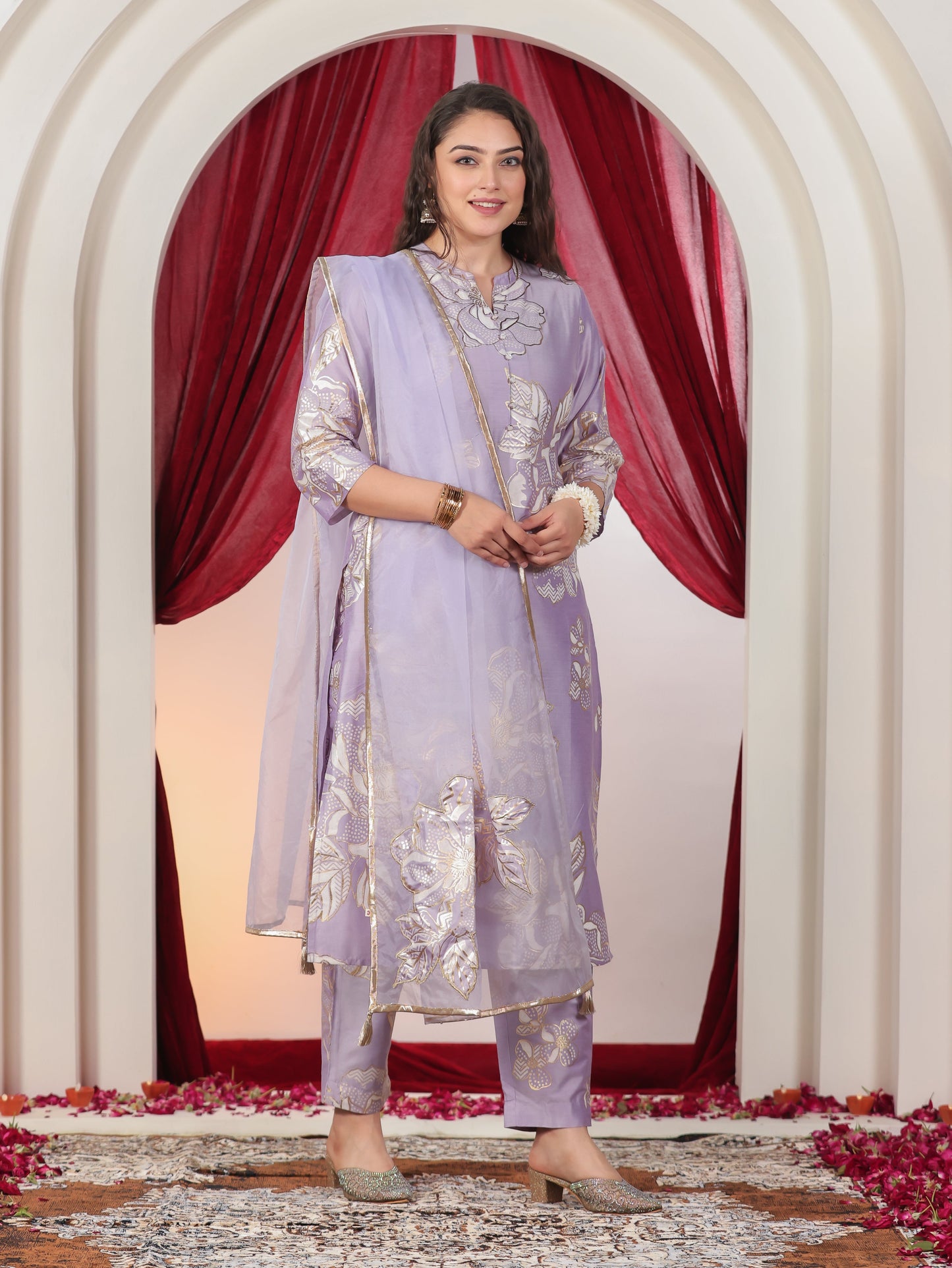 Embroidered Organza Solid Lavender Dupatta