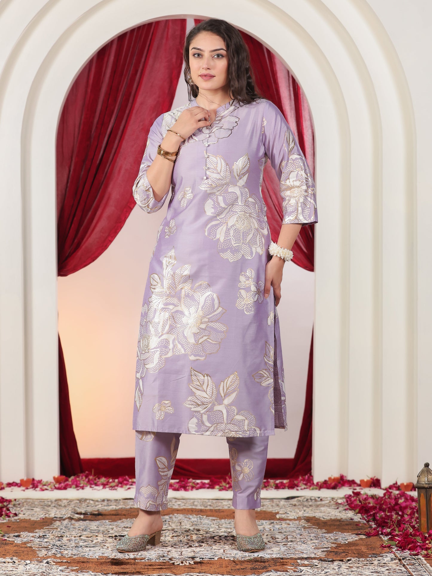 Poly Chanderi Floral Straight Lavender Kurta