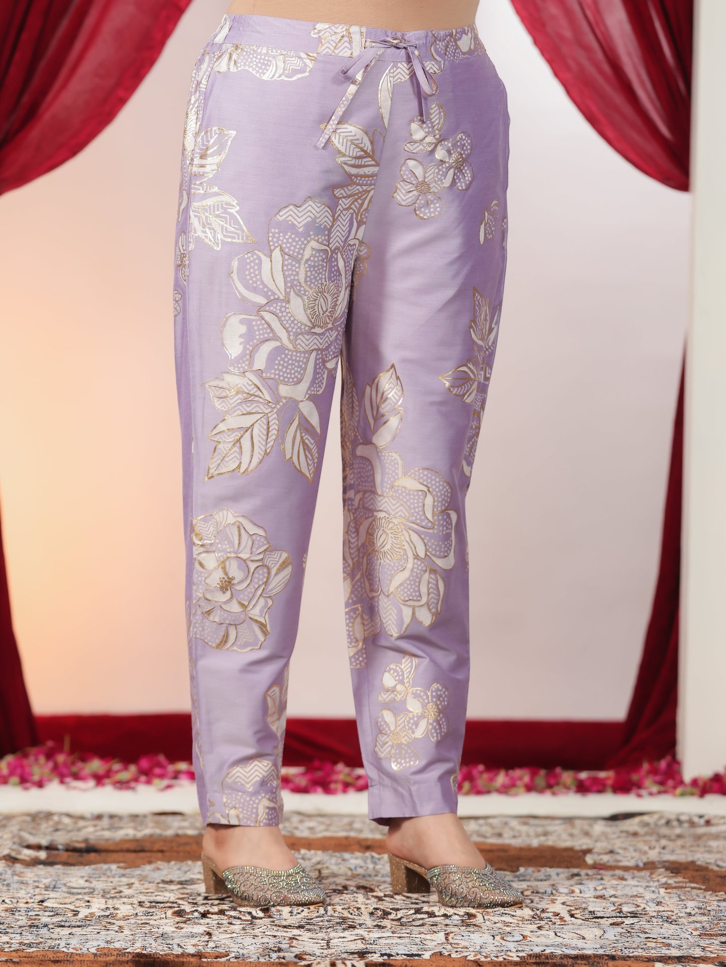 Poly Chanderi Floral Straight Lavender Kurta