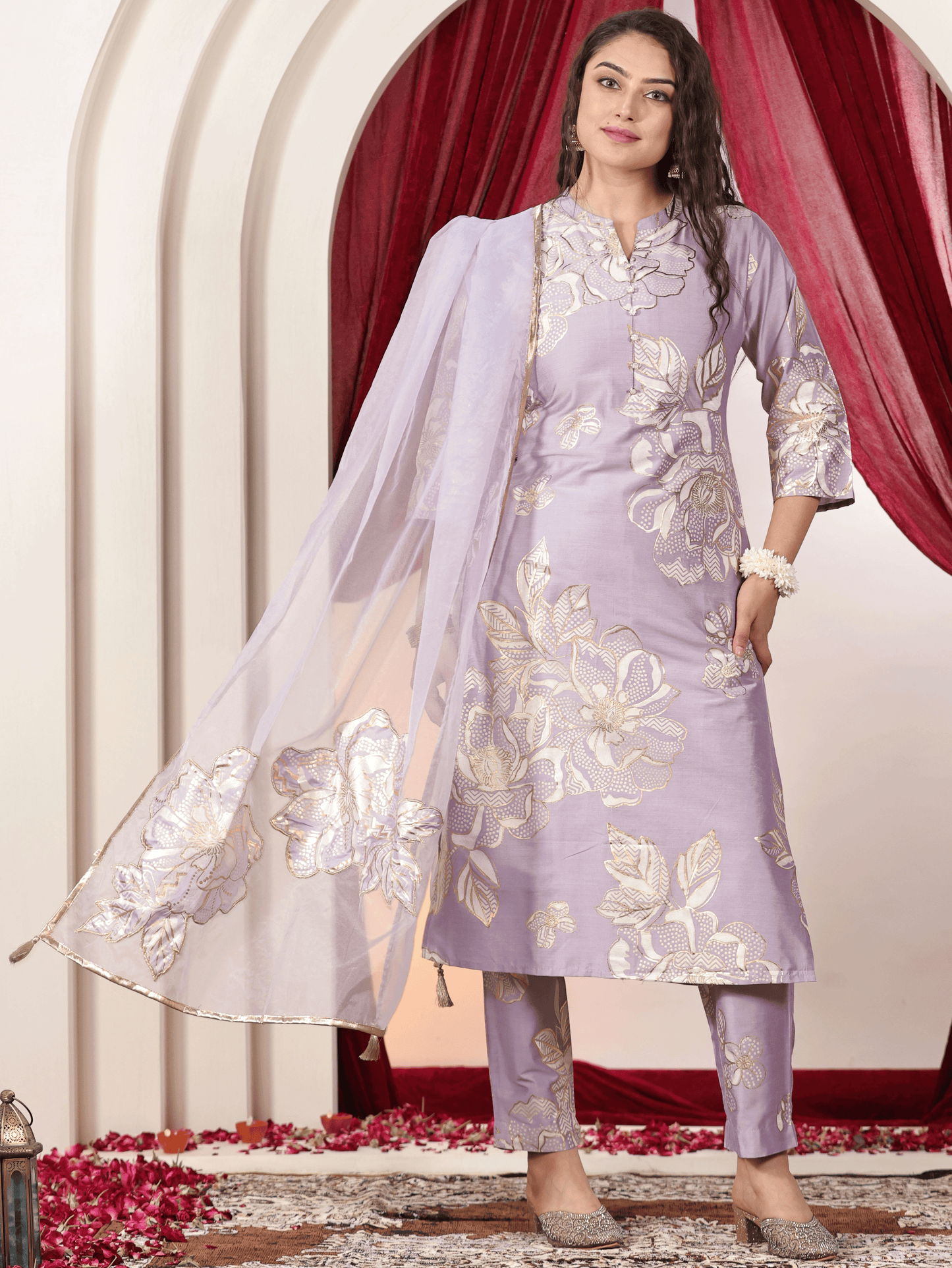 Poly Chanderi Floral Straight Lavender Kurta