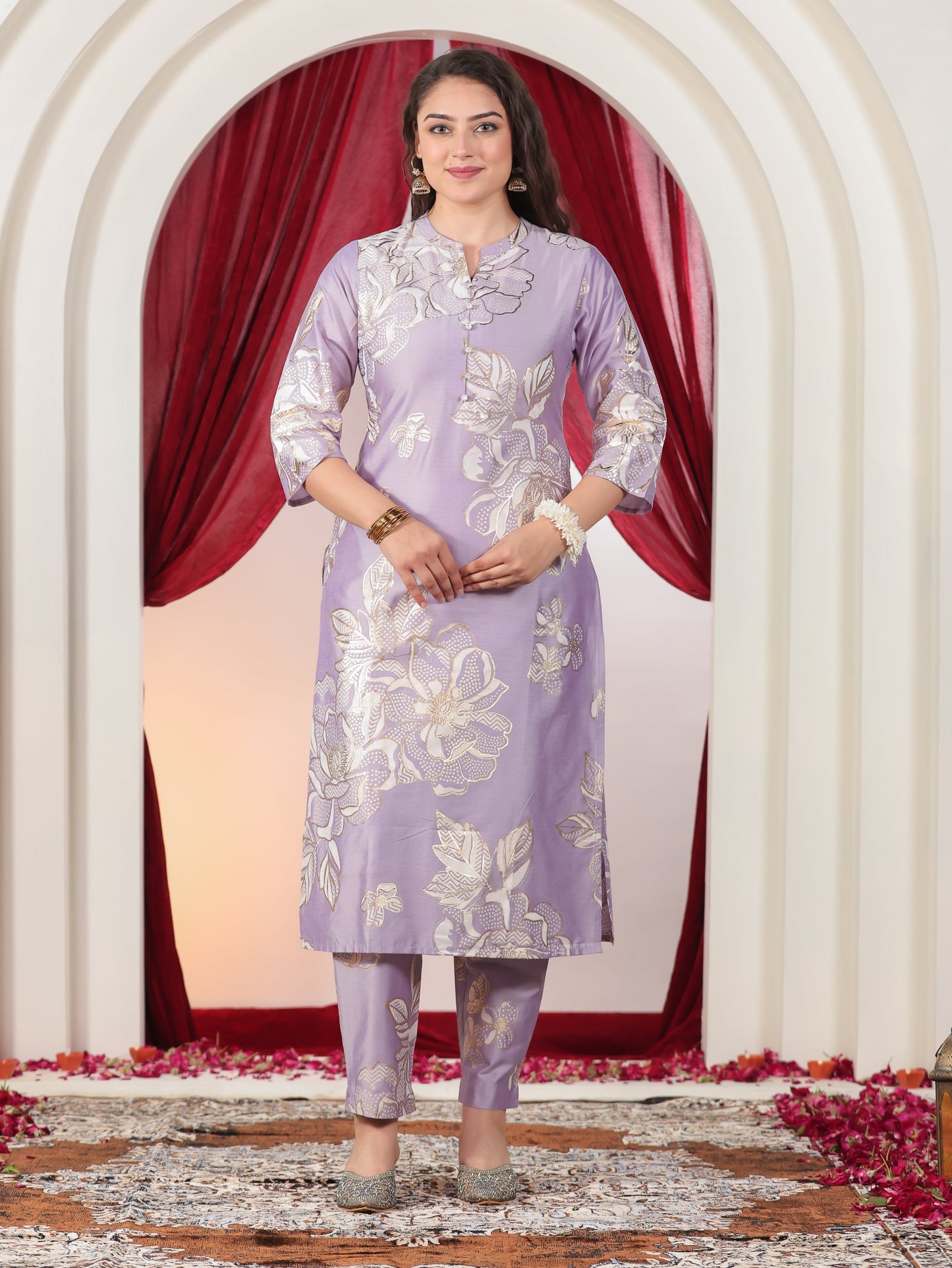 Poly Chanderi Floral Straight Lavender Kurta