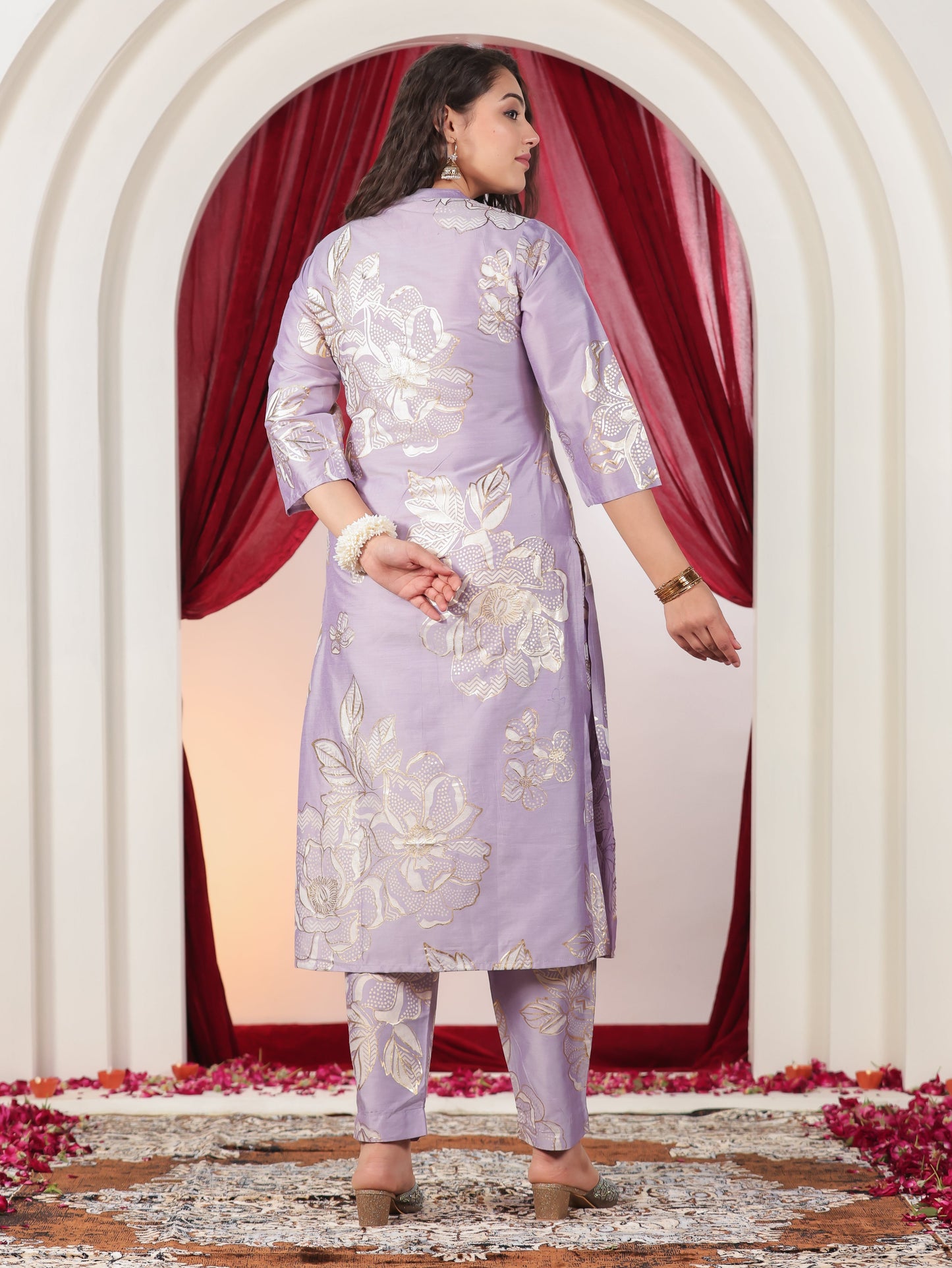 Poly Chanderi Floral Straight Lavender Kurta