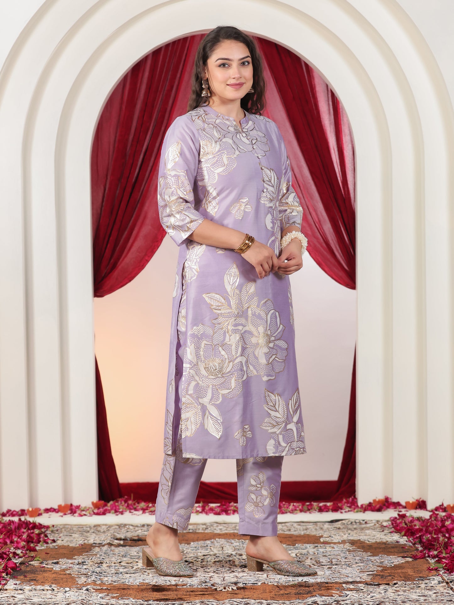 Poly Chanderi Floral Straight Lavender Kurta