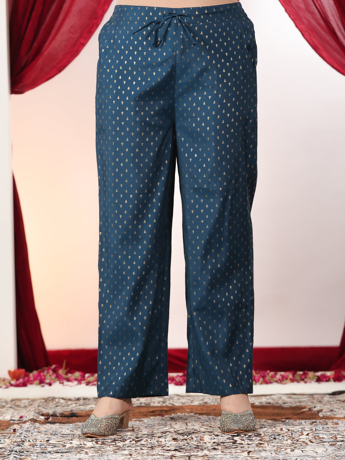 Poly Chanderi Gold foil Blue Straight Trousers