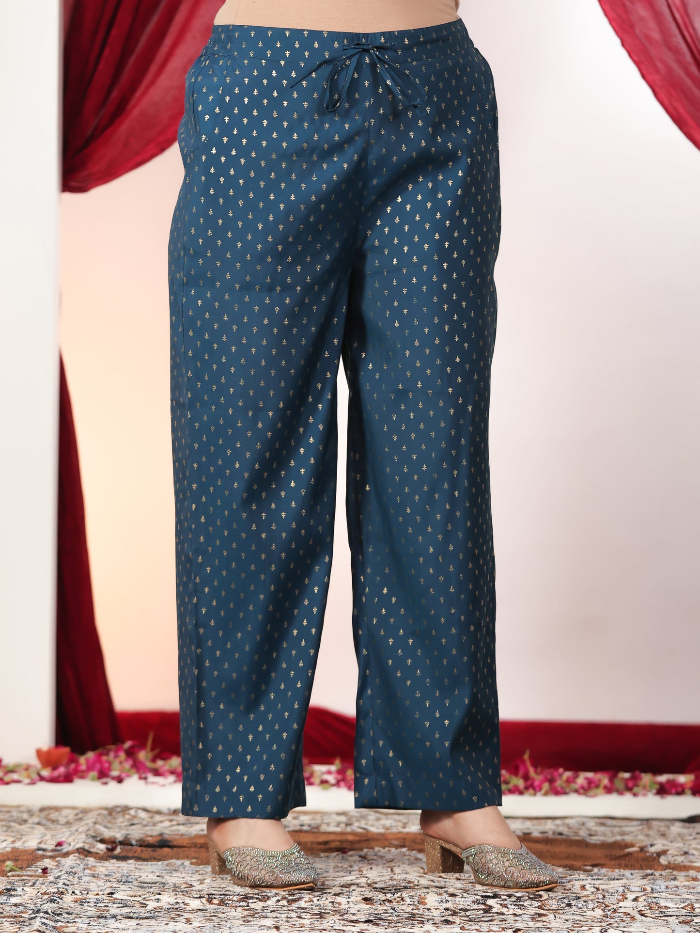 Poly Chanderi Gold foil Blue Straight Trousers