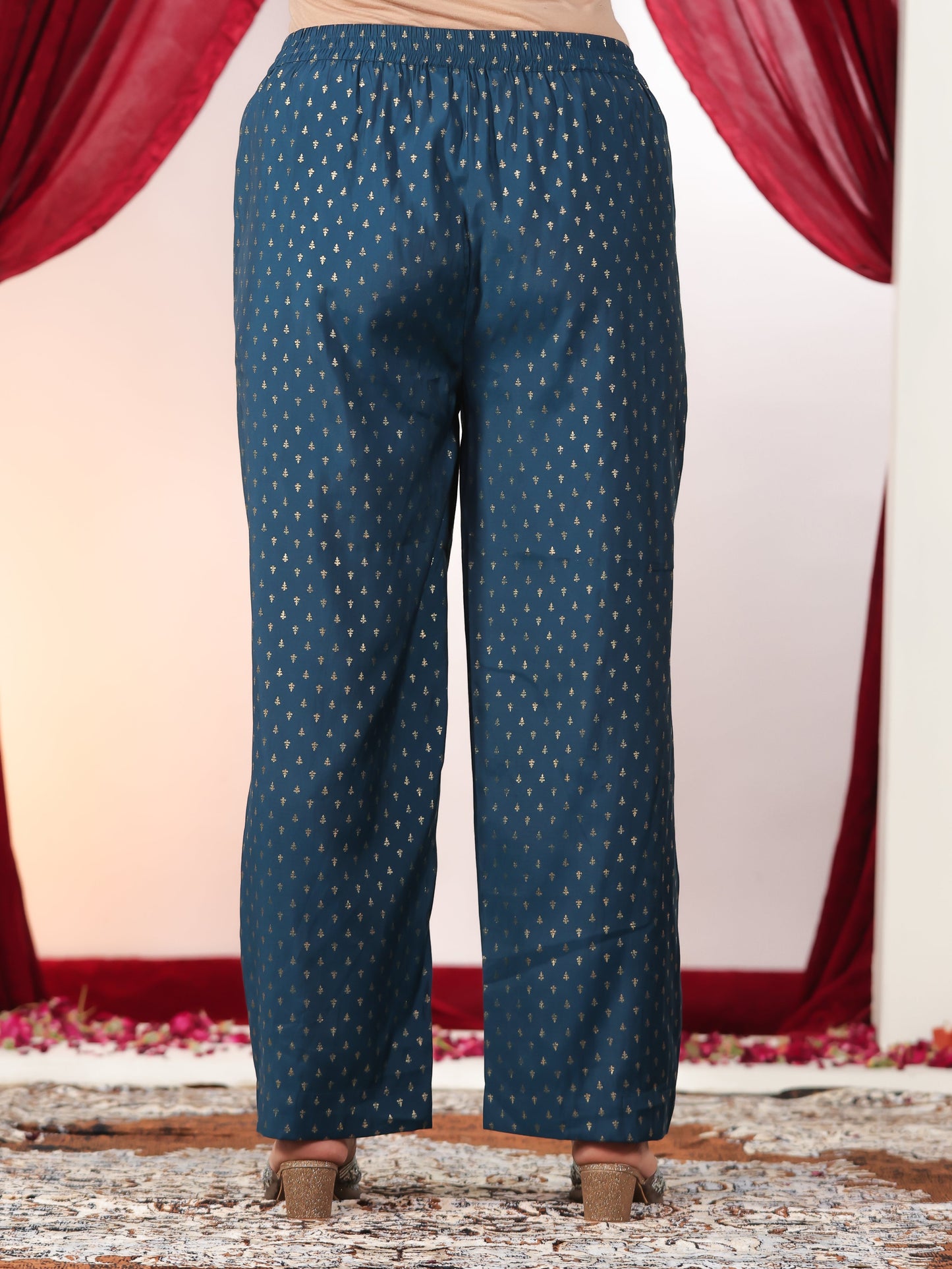 Poly Chanderi Gold foil Blue Straight Trousers