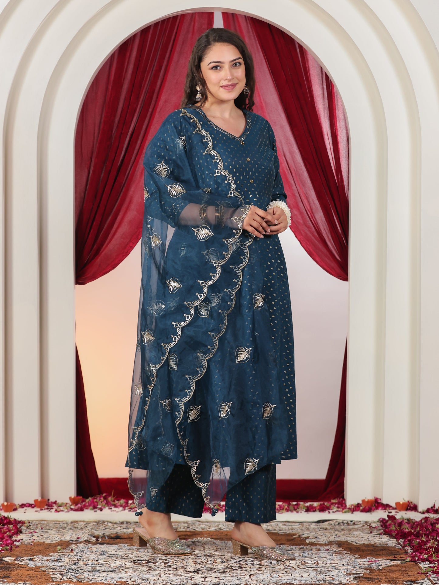 Embroidered Organza Solid Blue Dupatta