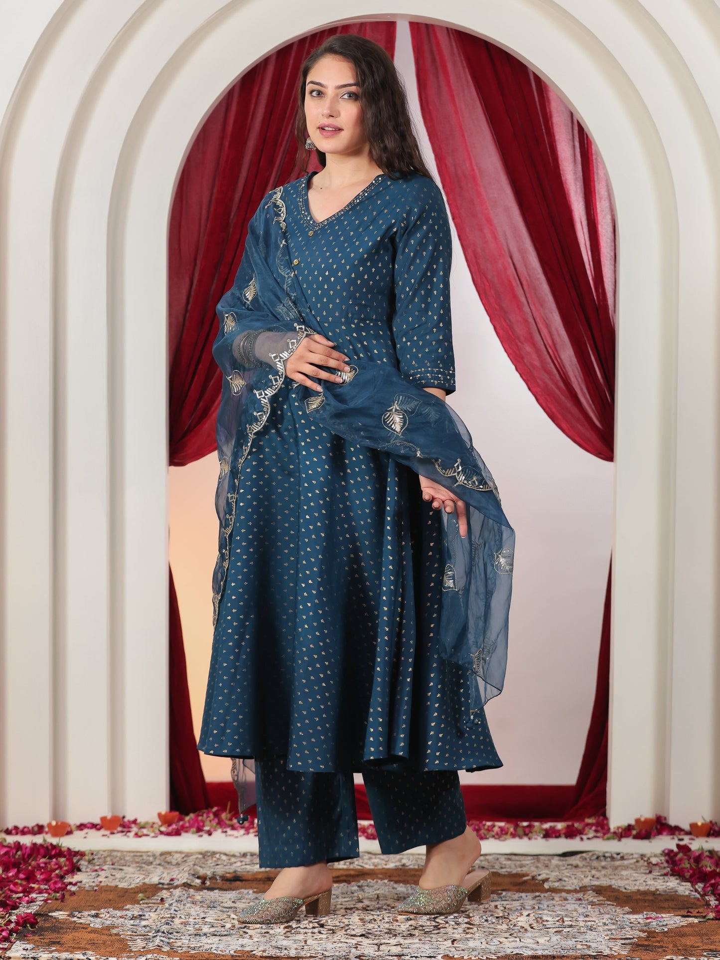 Embroidered Poly Chanderi Gold foil Anarkali Blue Kurta