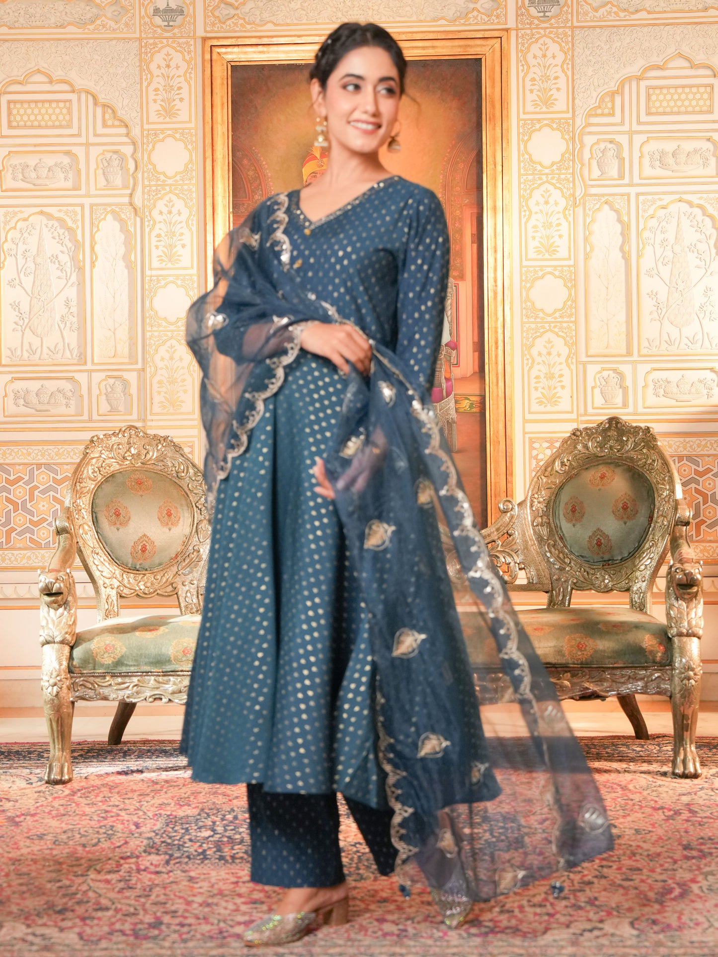 Embroidered Chanderi Gold foil Anarkali Blue Kurta