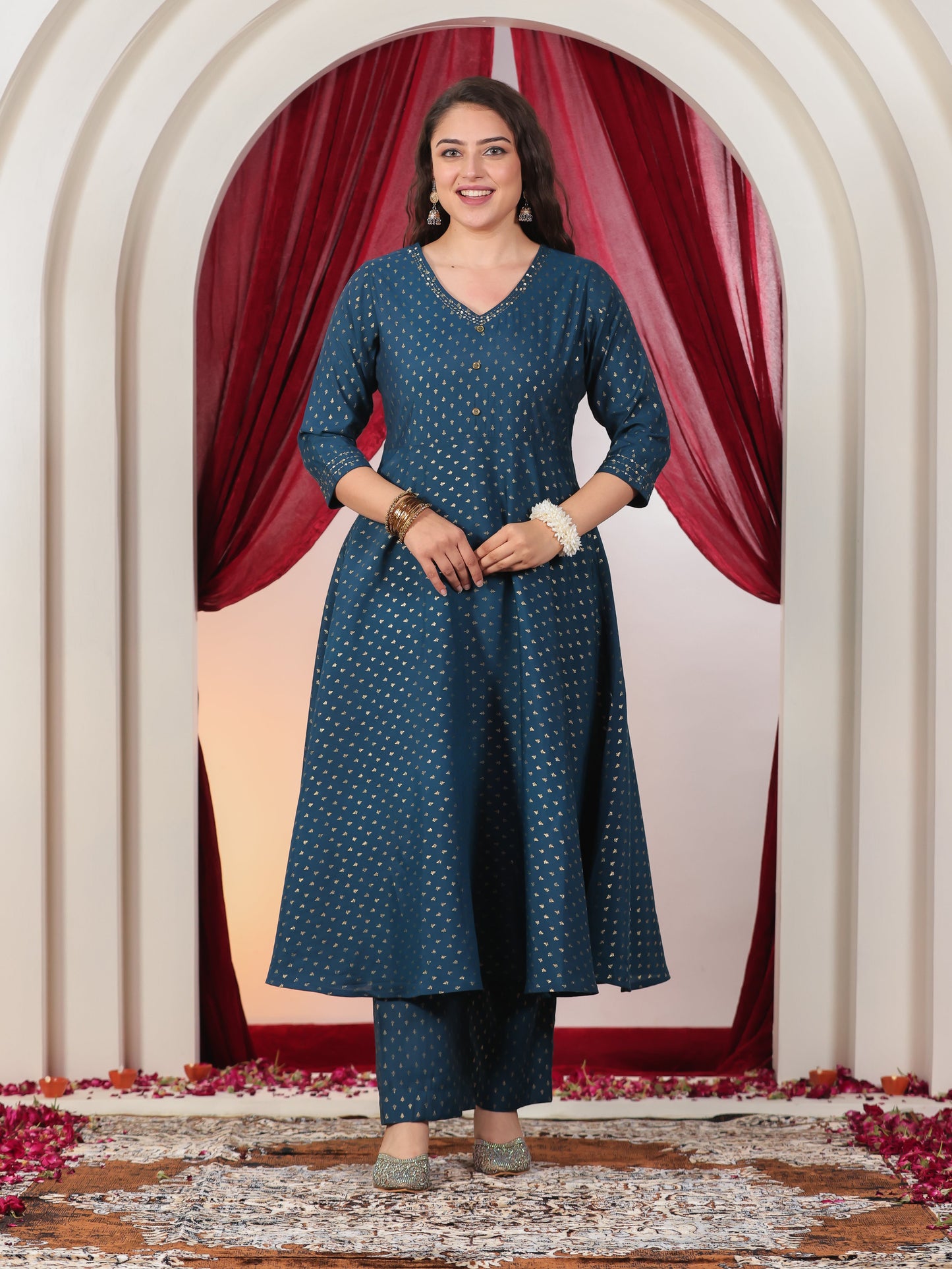 Embroidered Poly Chanderi Gold foil Anarkali Blue Kurta