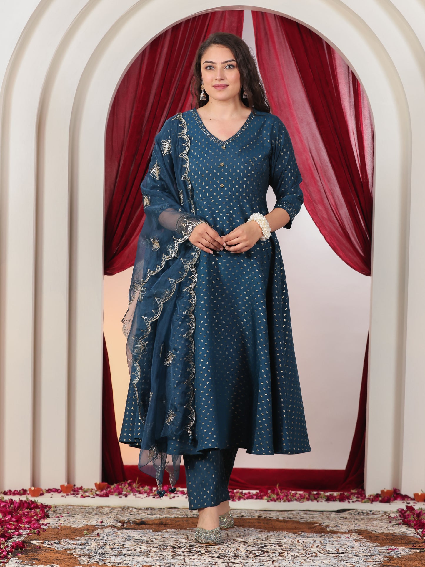 Embroidered Poly Chanderi Gold foil Anarkali Blue Kurta