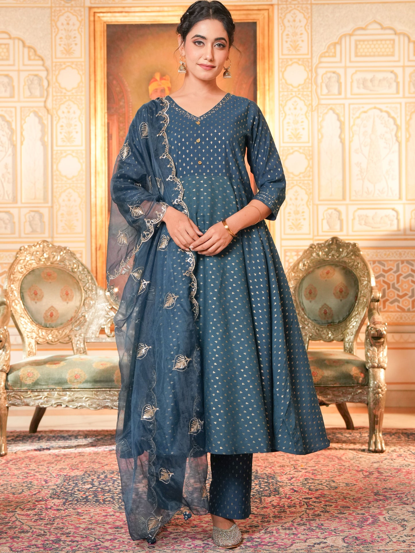 Embroidered Chanderi Gold foil Anarkali Blue Kurta