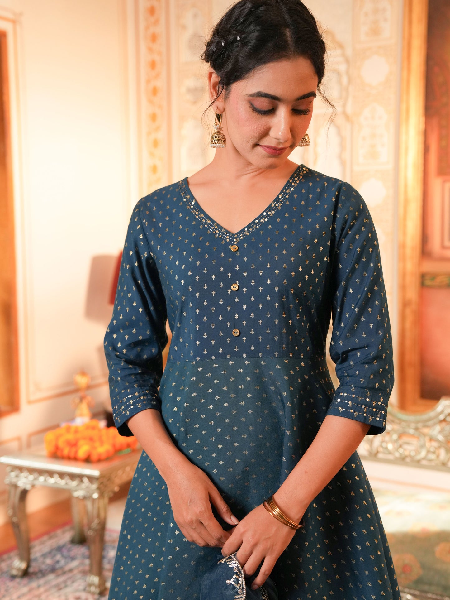 Embroidered Chanderi Gold foil Anarkali Blue Kurta