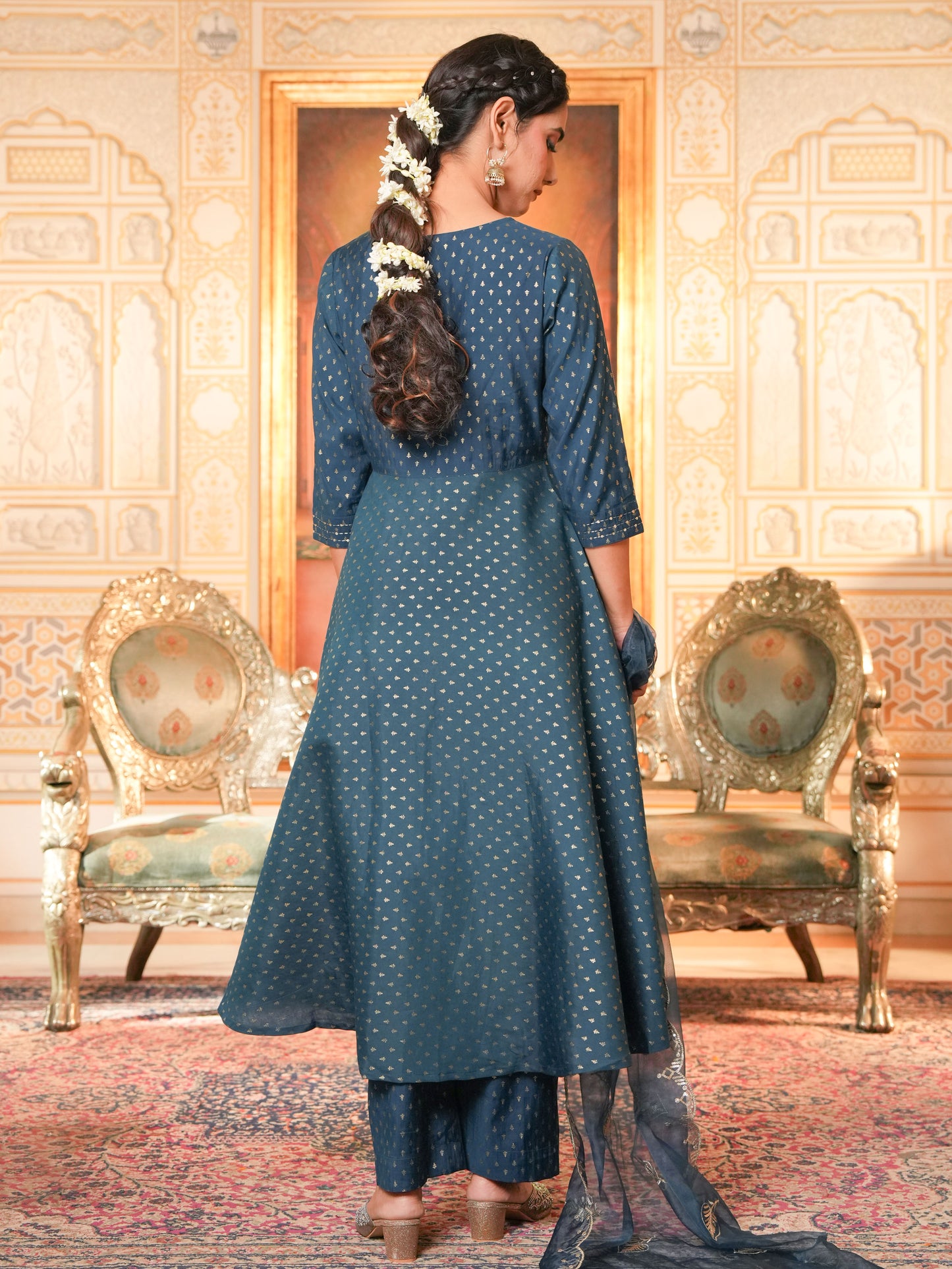 Embroidered Chanderi Gold foil Anarkali Blue Kurta