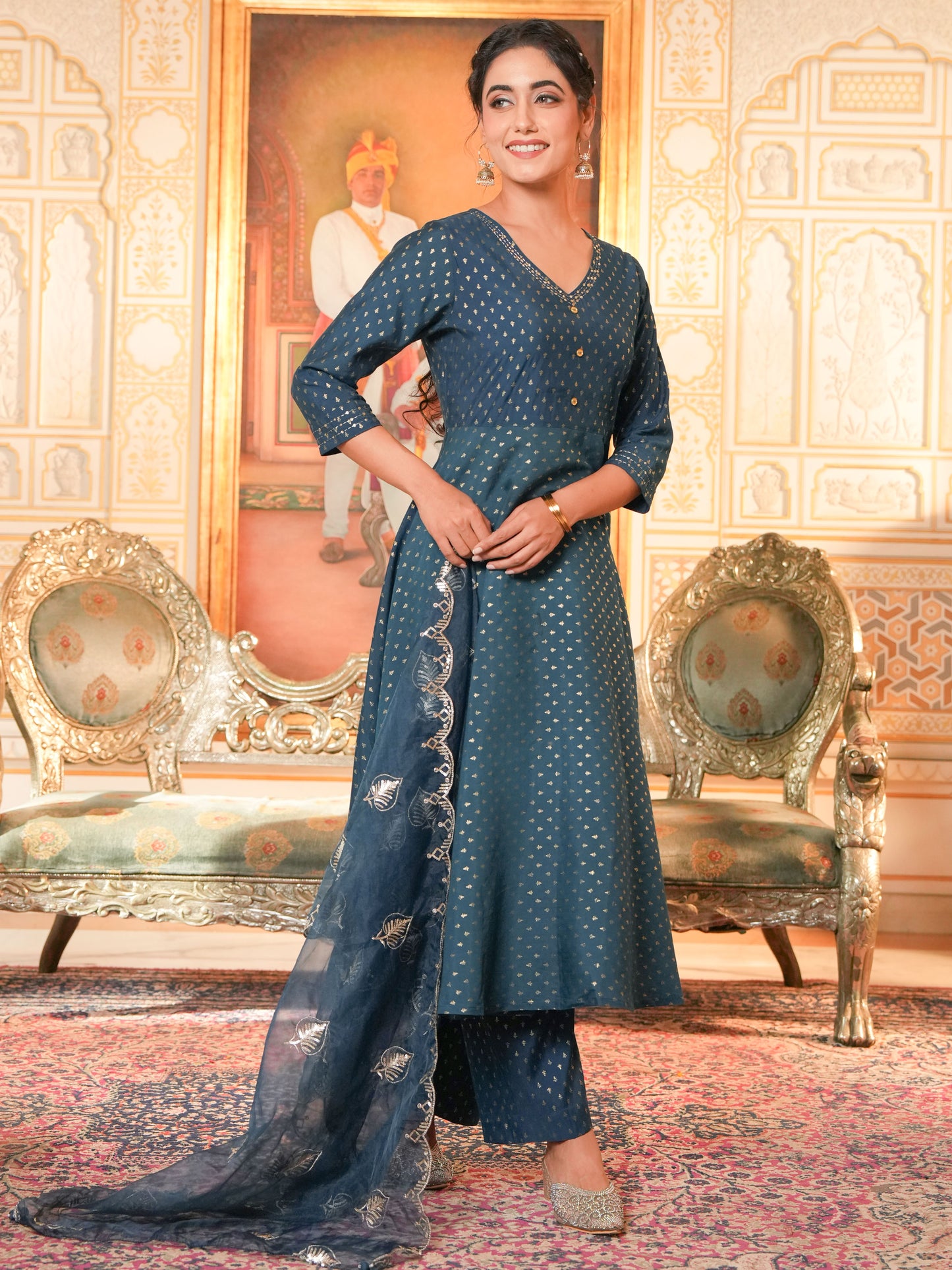 Embroidered Chanderi Gold foil Anarkali Blue Kurta