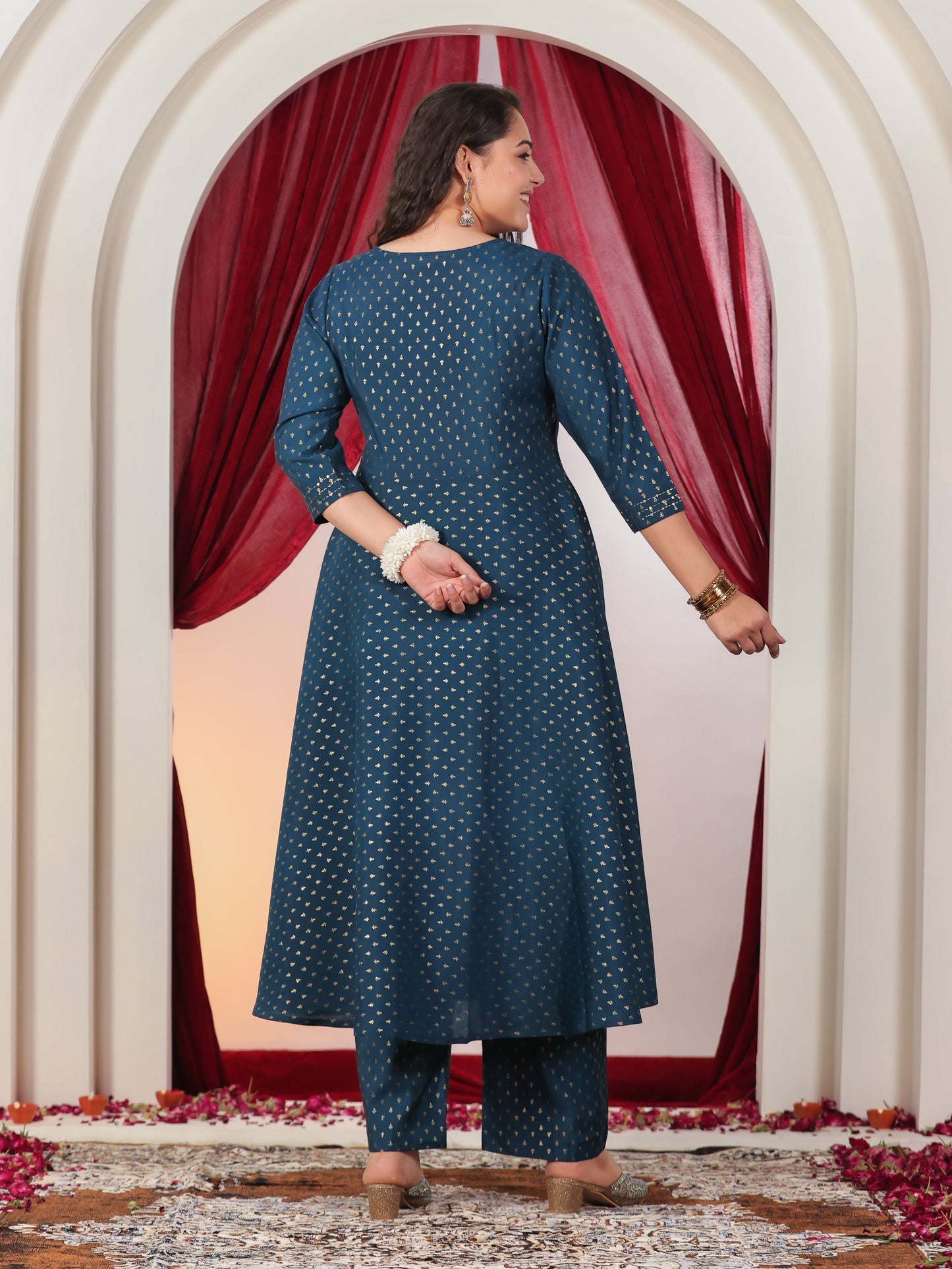 Embroidered Poly Chanderi Gold foil Anarkali Blue Kurta