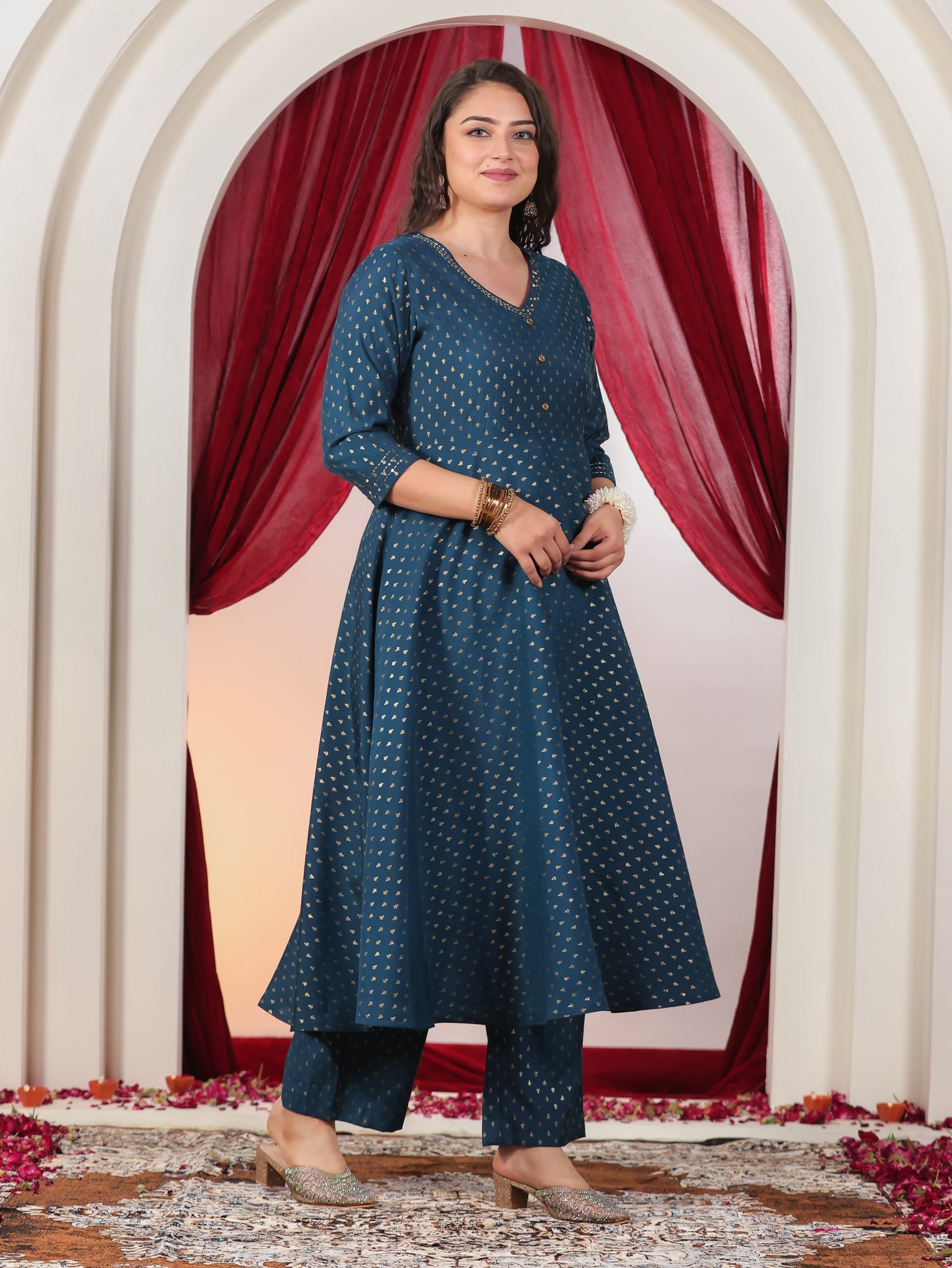 Embroidered Poly Chanderi Gold foil Anarkali Blue Kurta