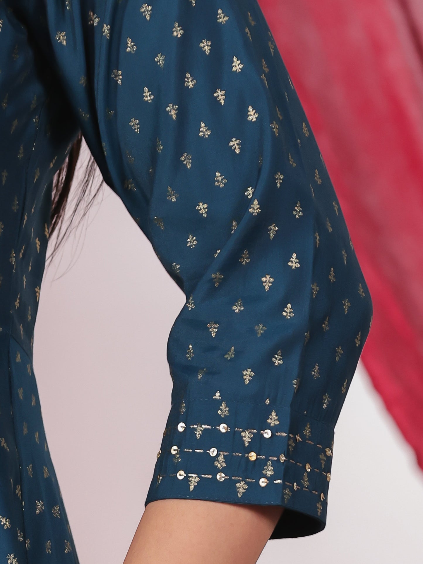 Embroidered Poly Chanderi Gold foil Anarkali Blue Kurta