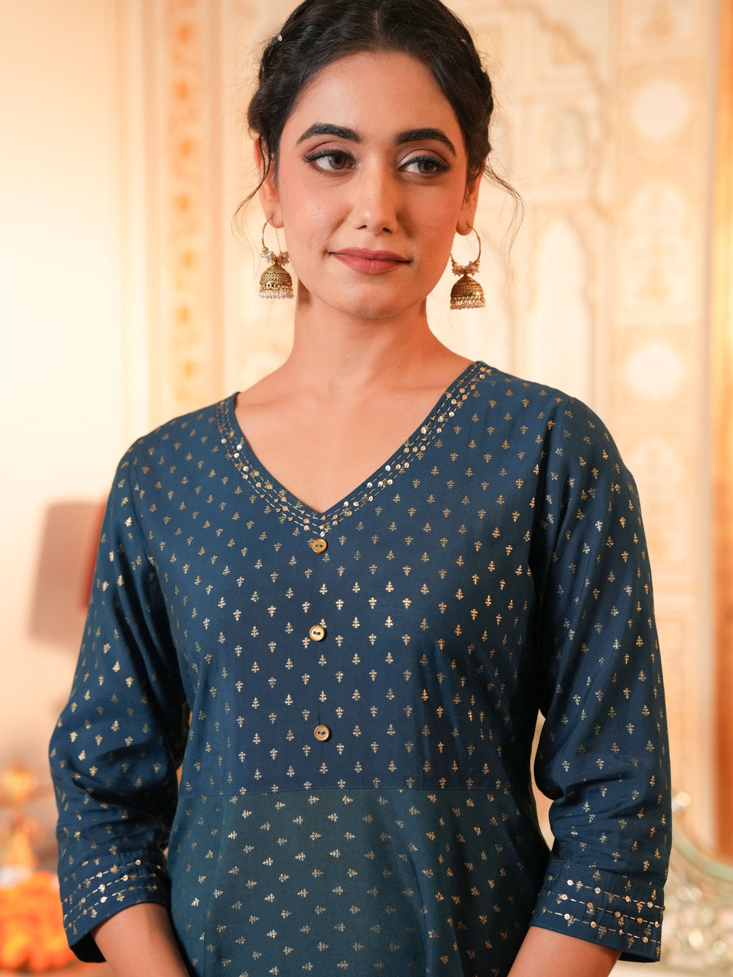 Embroidered Chanderi Gold foil Anarkali Blue Kurta