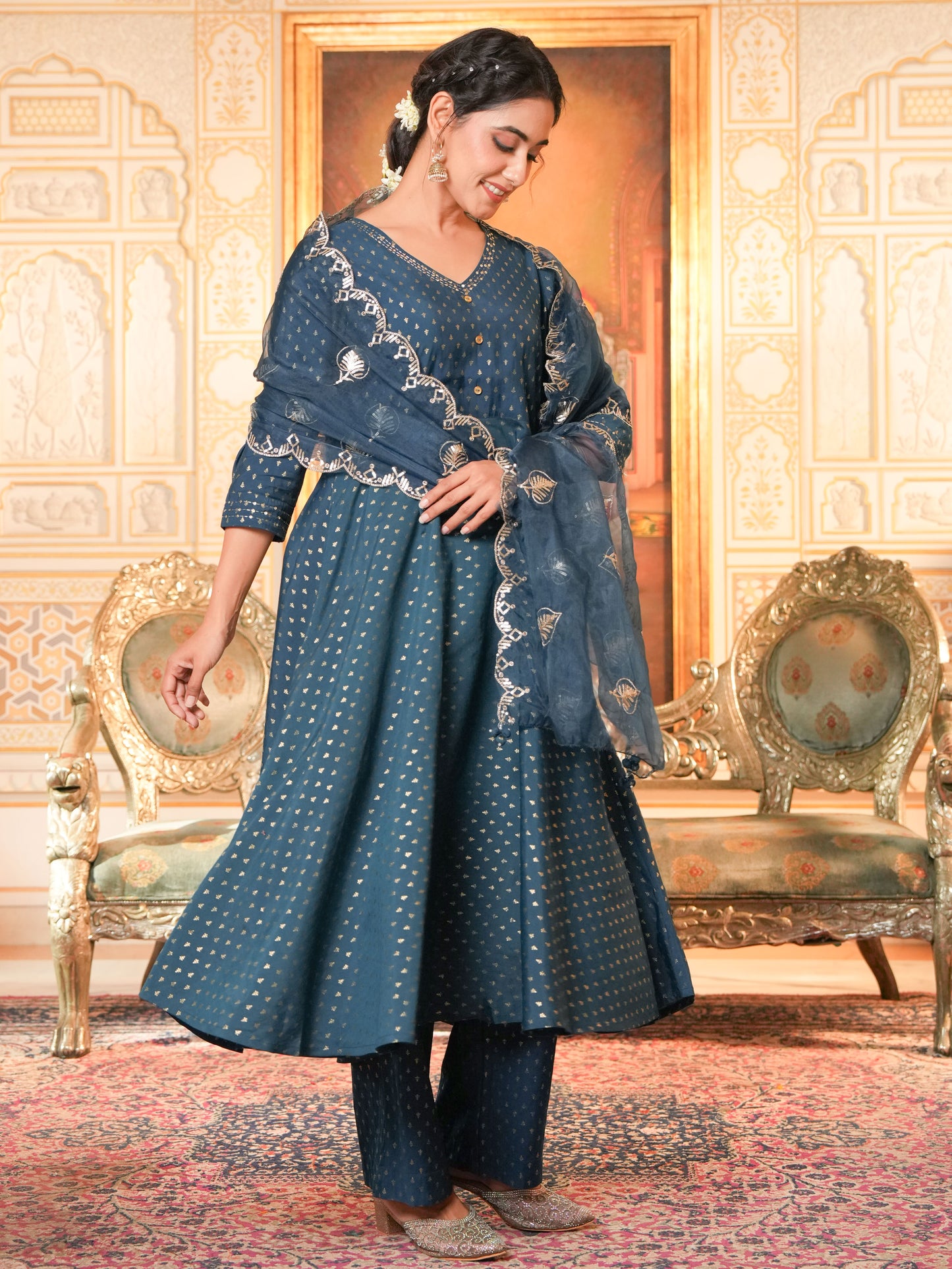 Embroidered Chanderi Gold foil Anarkali Blue Kurta