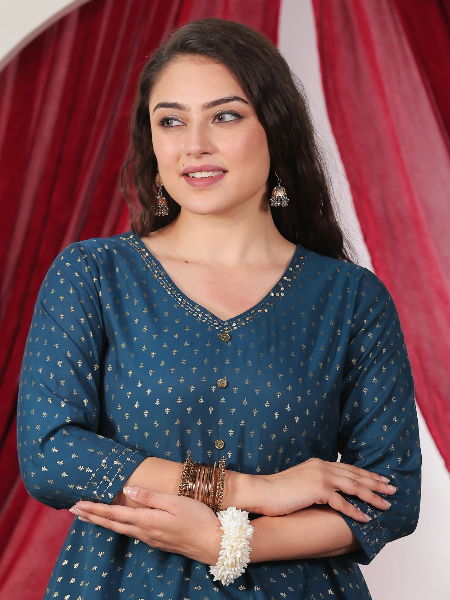 Embroidered Poly Chanderi Gold foil Anarkali Blue Kurta