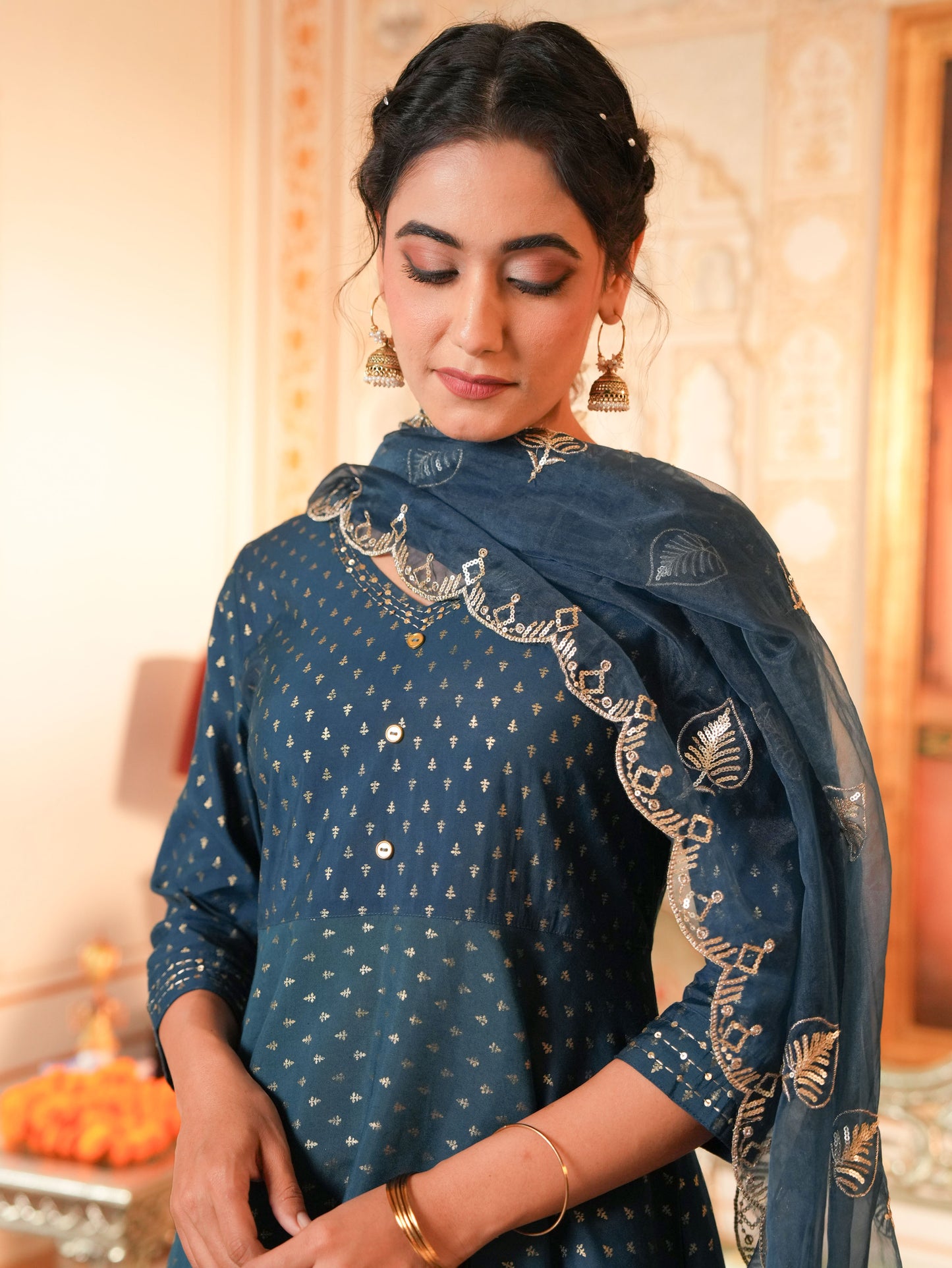 Embroidered Chanderi Gold foil Anarkali Blue Kurta