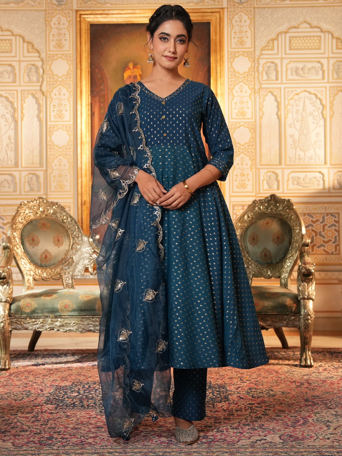 Embroidered Organza Solid Blue Dupatta