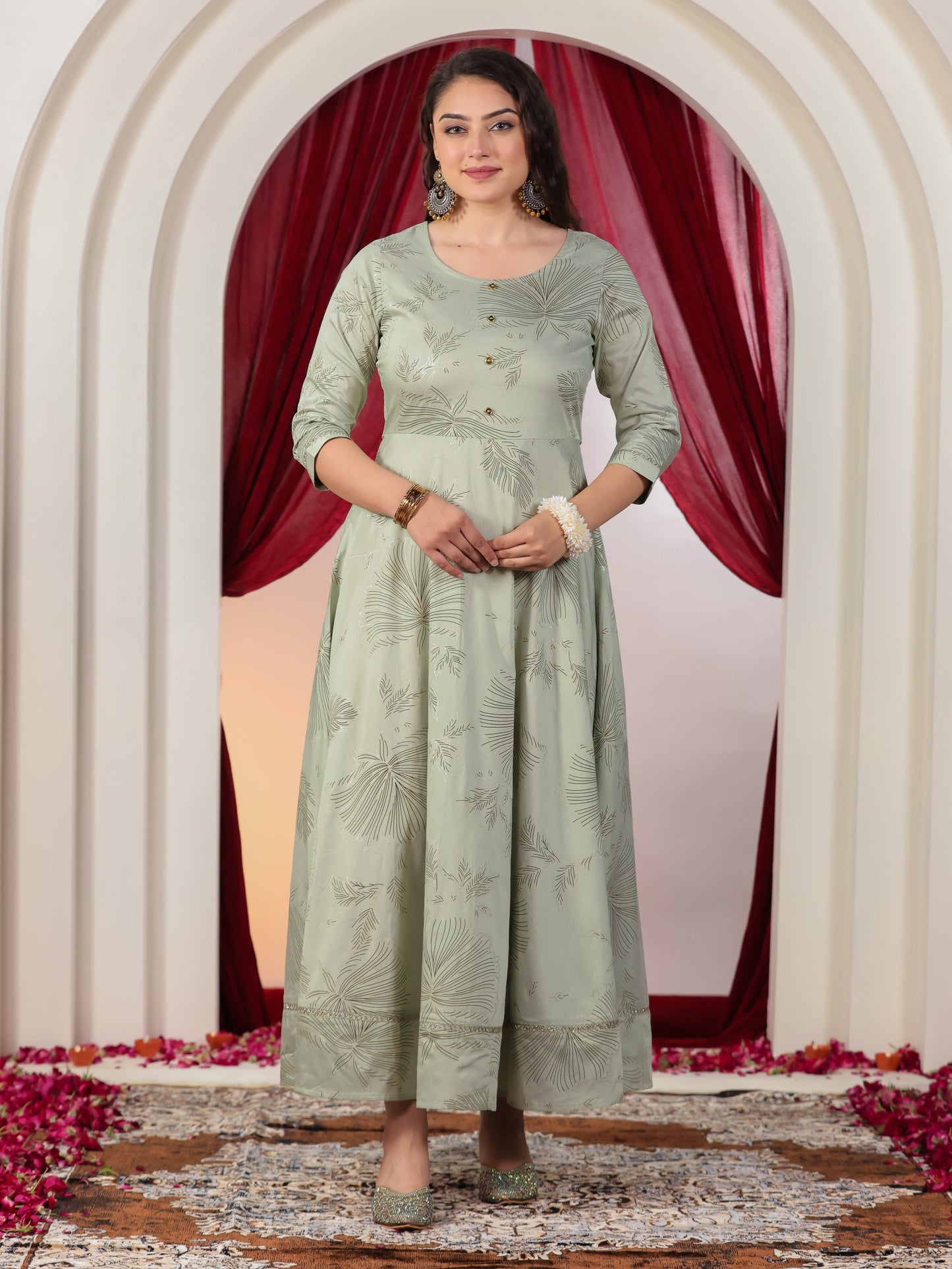 Poly Chanderi Gold foil Anarkali Mint Green Dress (With Potli Bag)