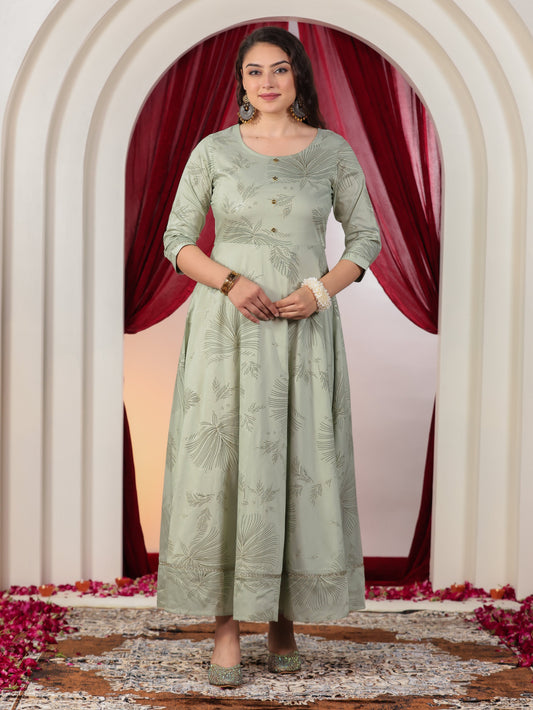 Chanderi Gold foil Anarkali Mint Green Dress (With Potli Bag)