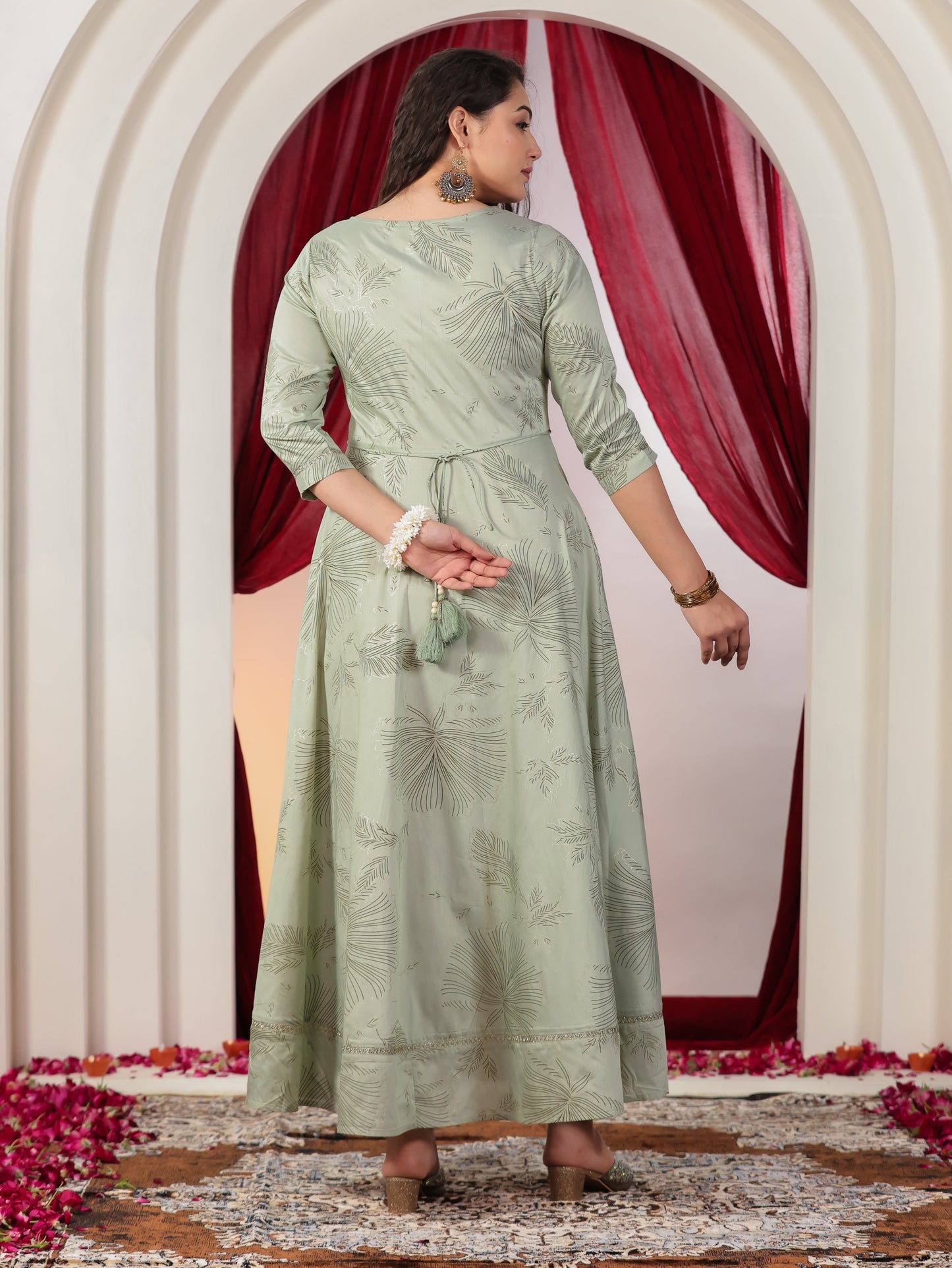 Poly Chanderi Gold foil Anarkali Mint Green Dress (With Potli Bag)