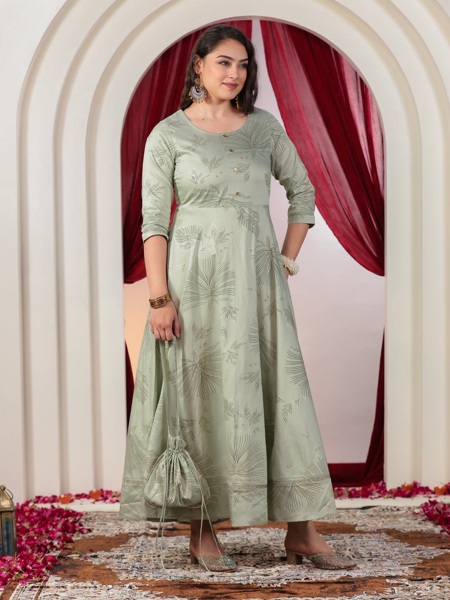 Poly Chanderi Gold foil Anarkali Mint Green Dress (With Potli Bag)