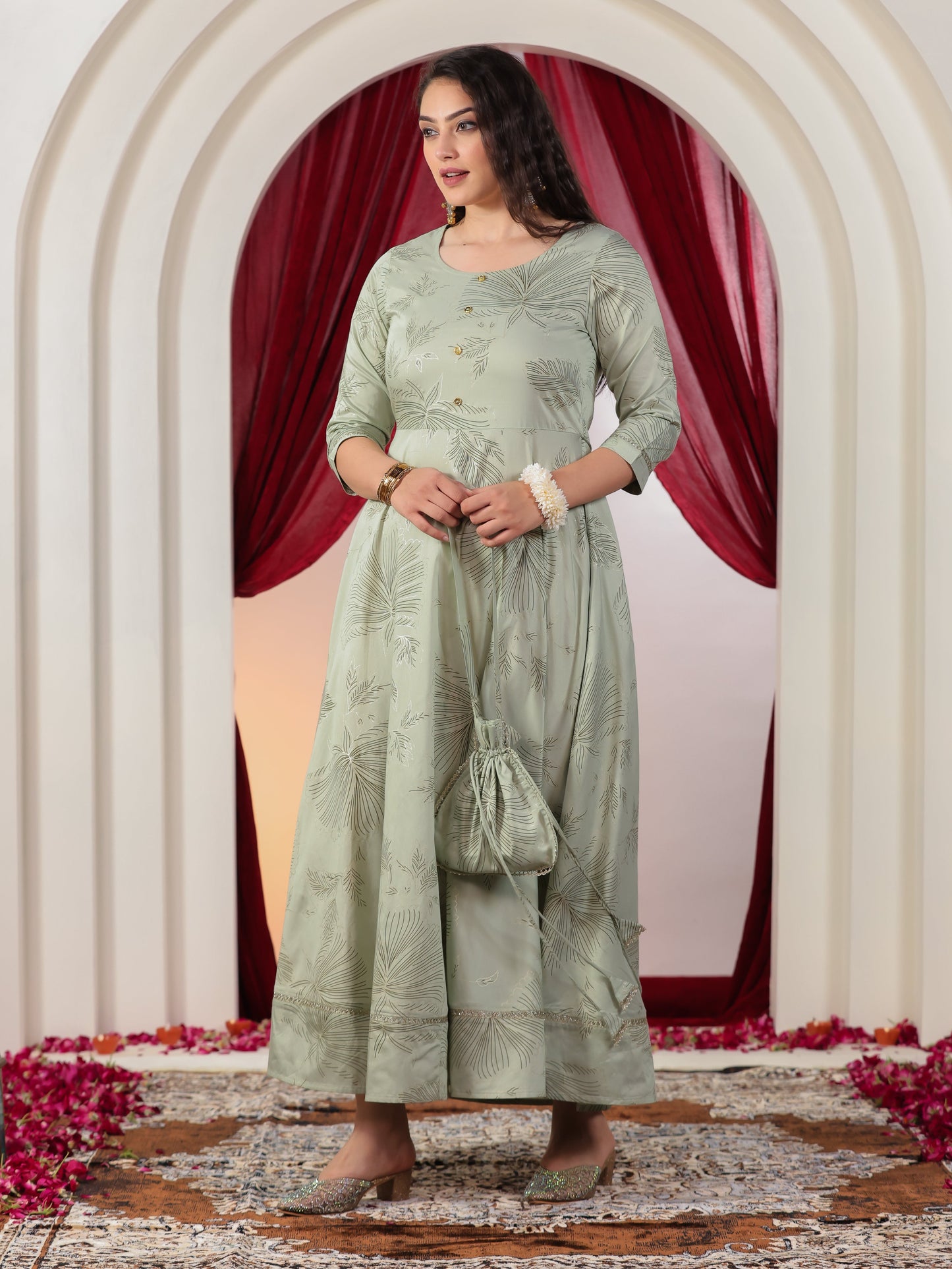 Poly Chanderi Gold foil Anarkali Mint Green Dress (With Potli Bag)