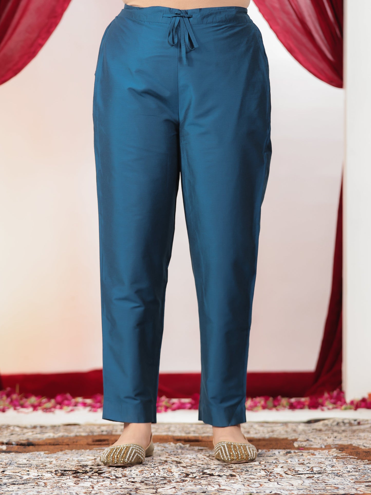Blended Silk Solid Blue Tapered Trousers