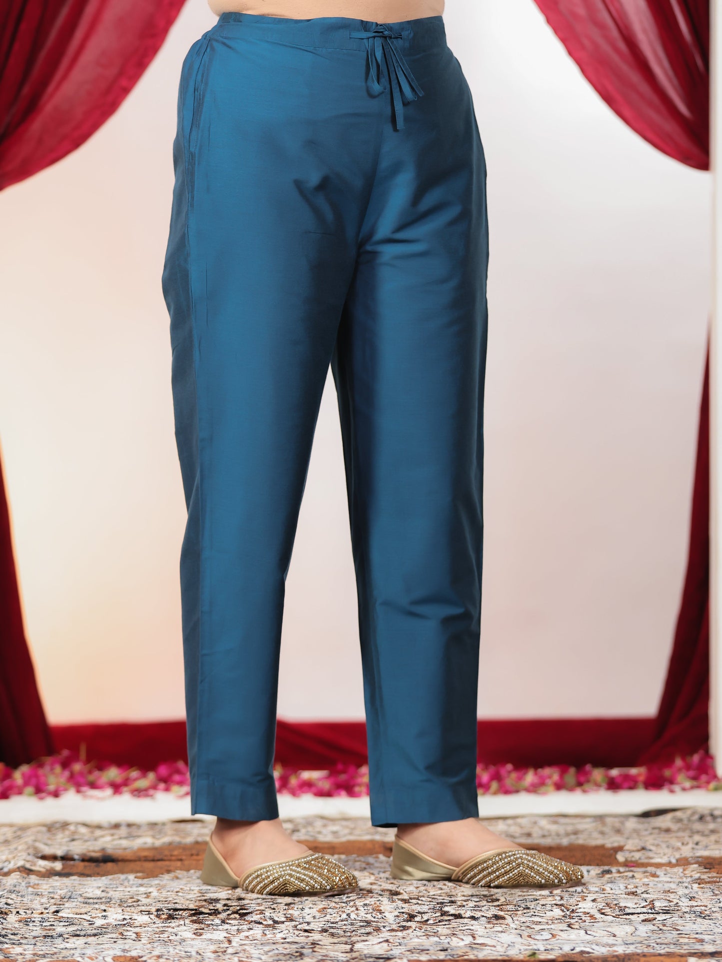 Blended Silk Solid Blue Tapered Trousers