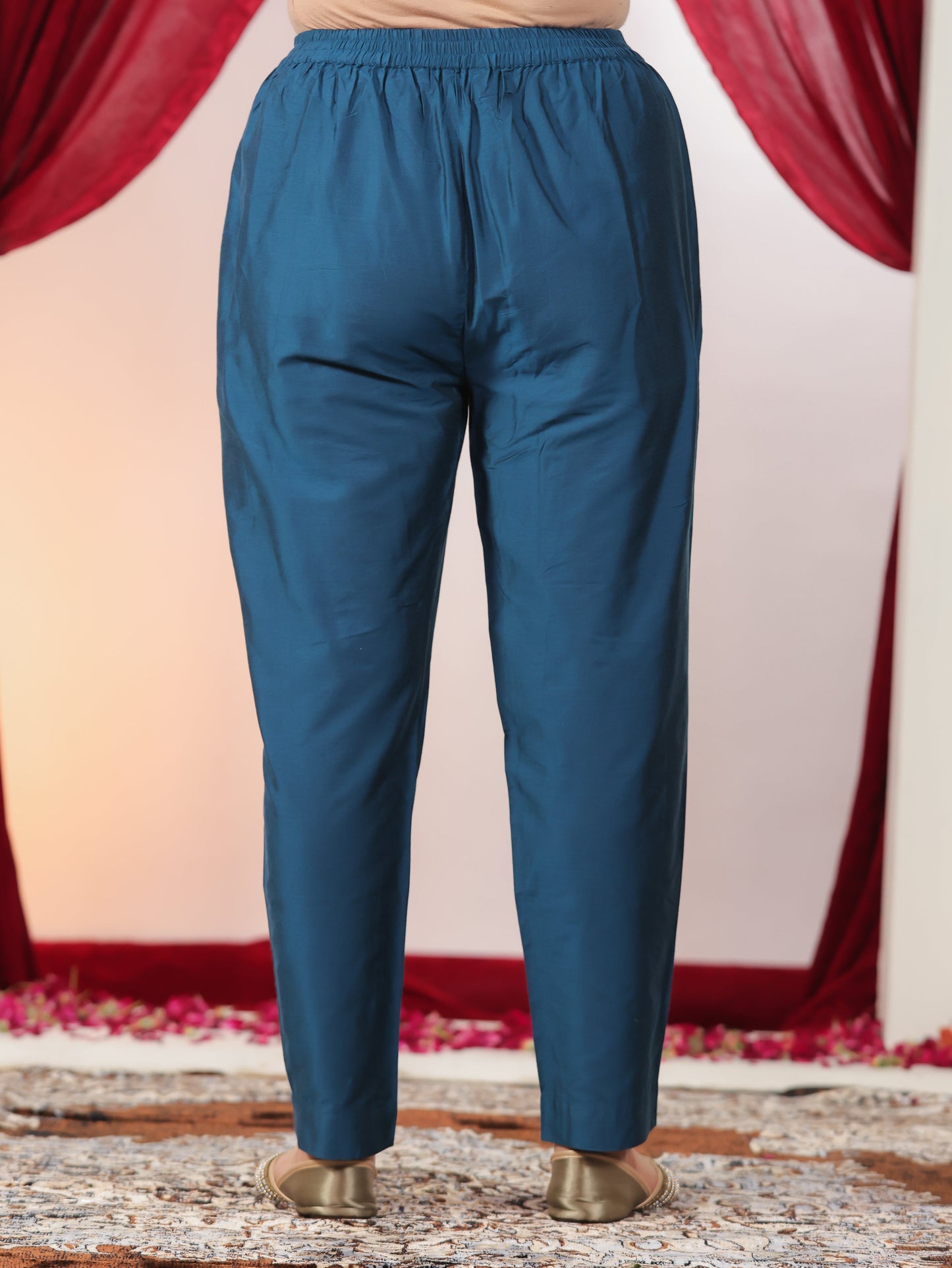 Blended Silk Solid Blue Tapered Trousers