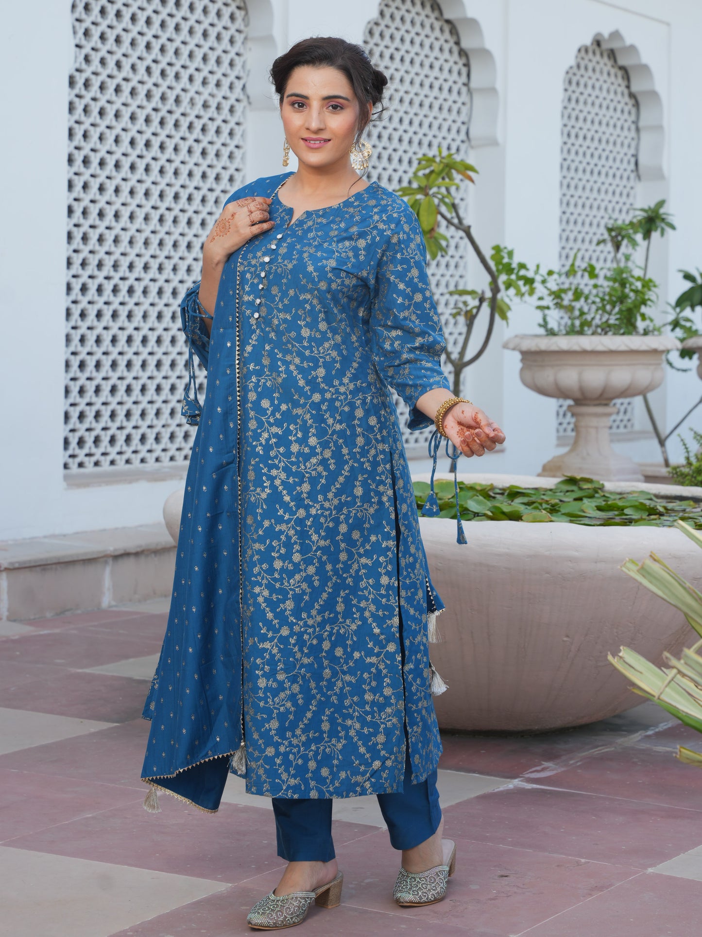 Chanderi Gold foil A-line Blue Kurta