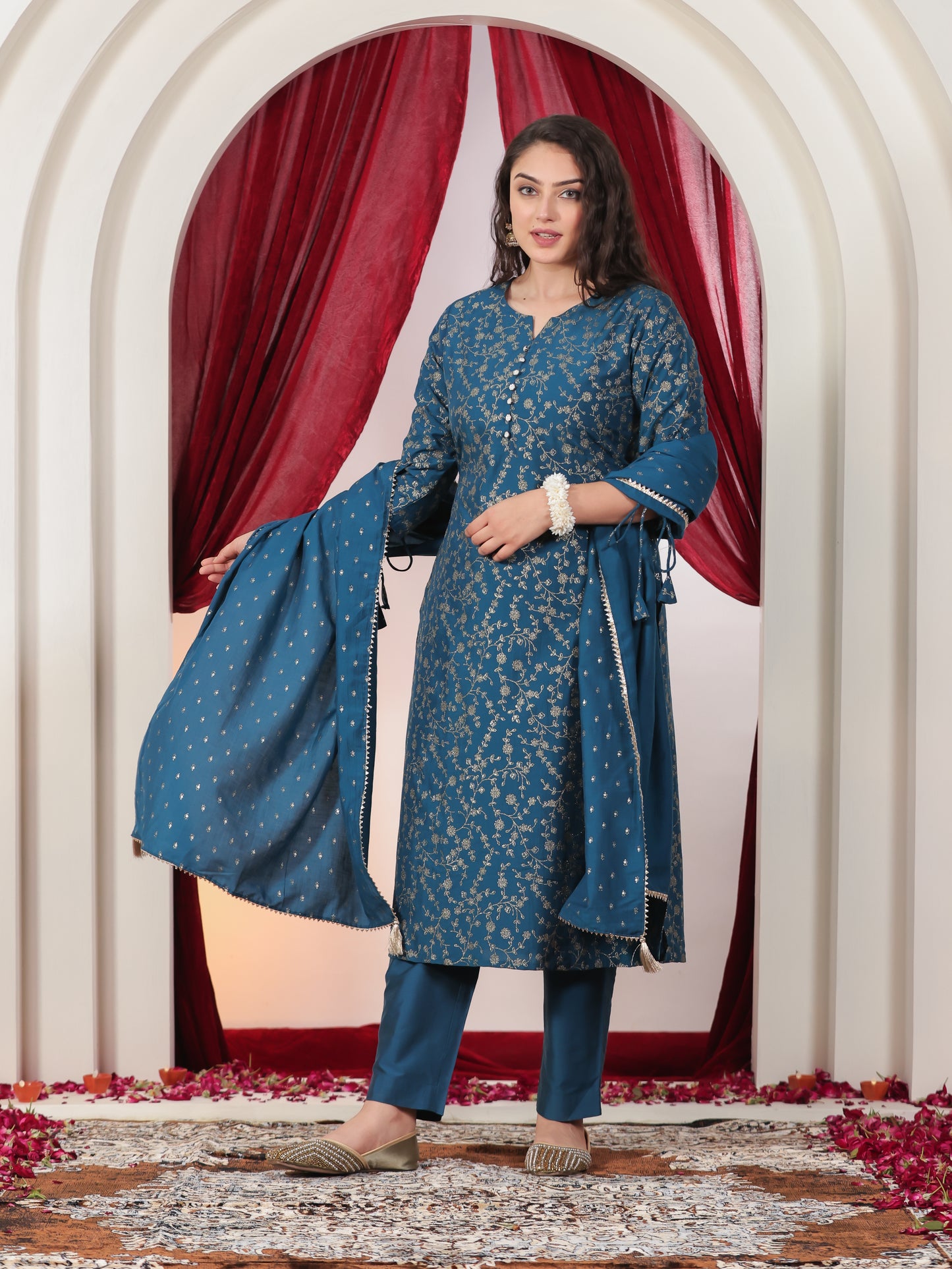 Poly Chanderi Gold foil A-line Blue Kurta