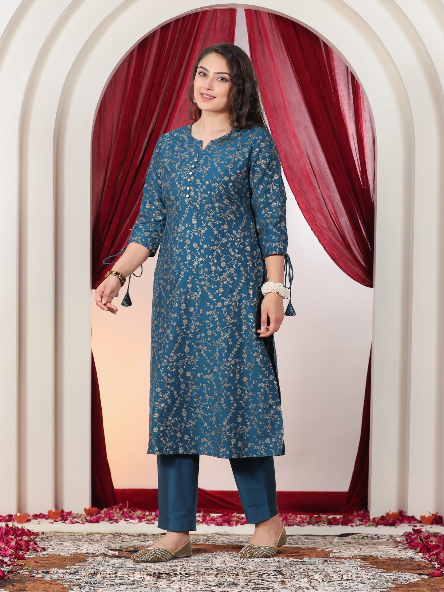 Poly Chanderi Gold foil A-line Blue Kurta