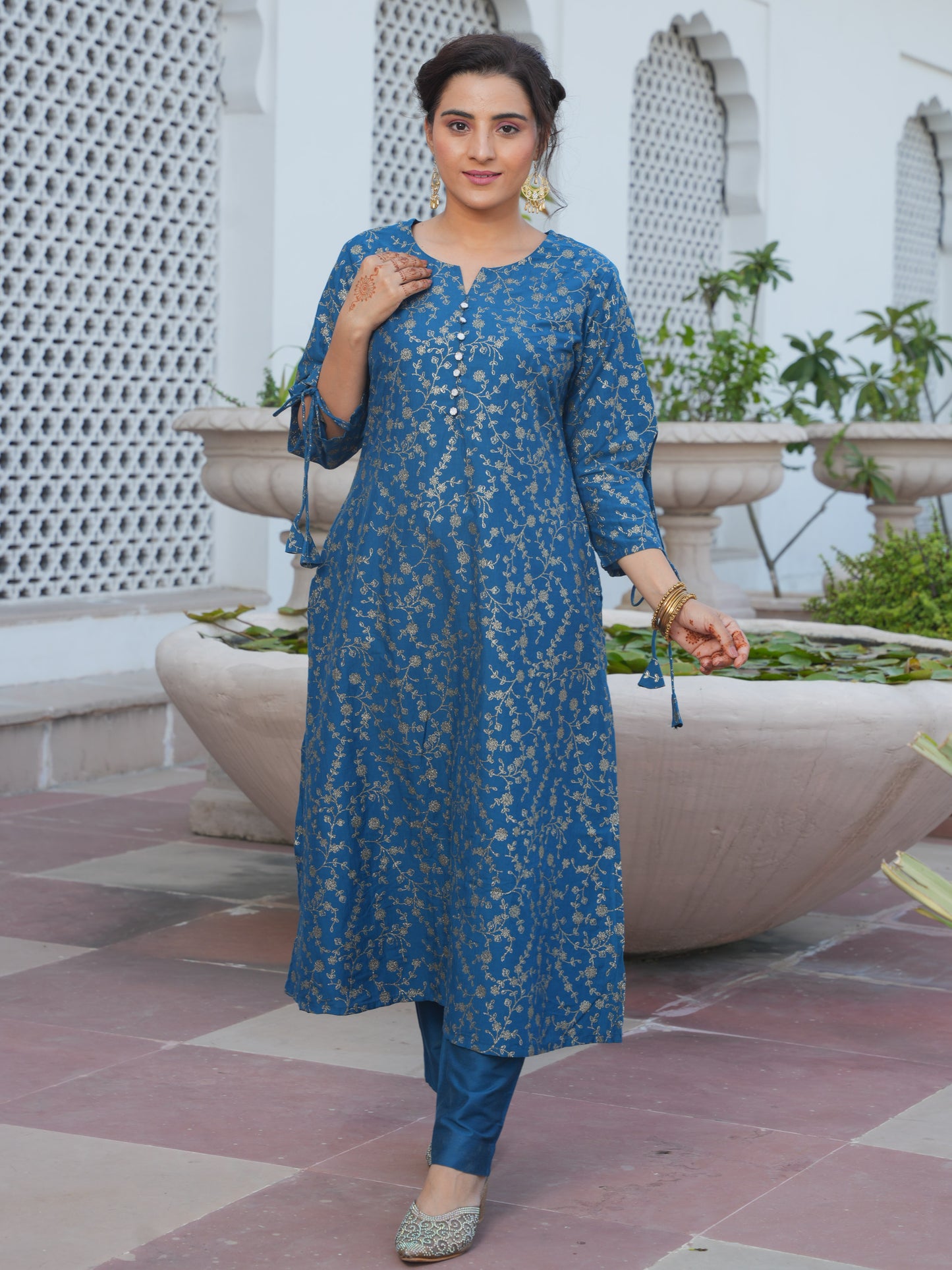 Chanderi Gold foil A-line Blue Kurta