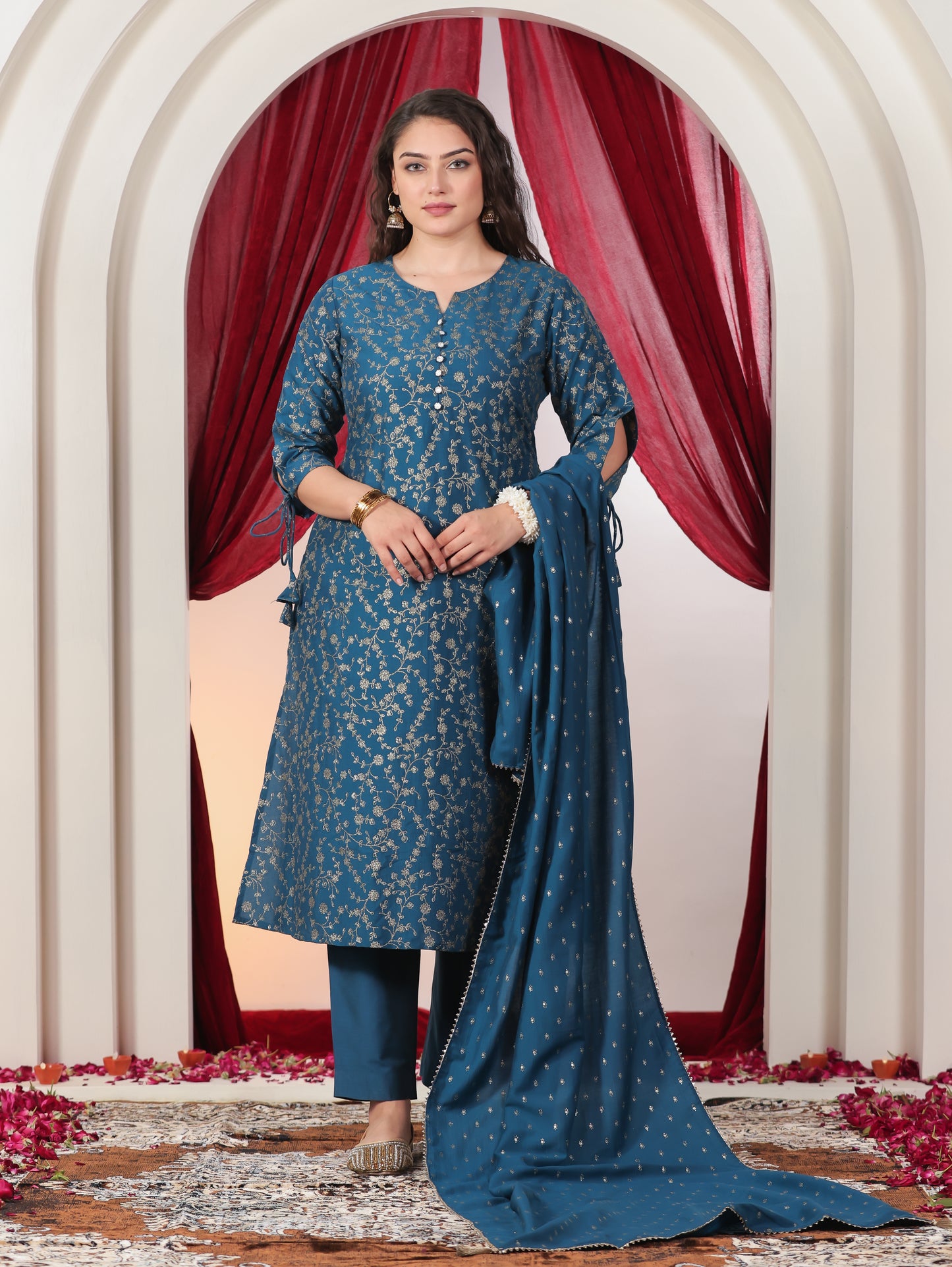Poly Chanderi Gold foil A-line Blue Kurta