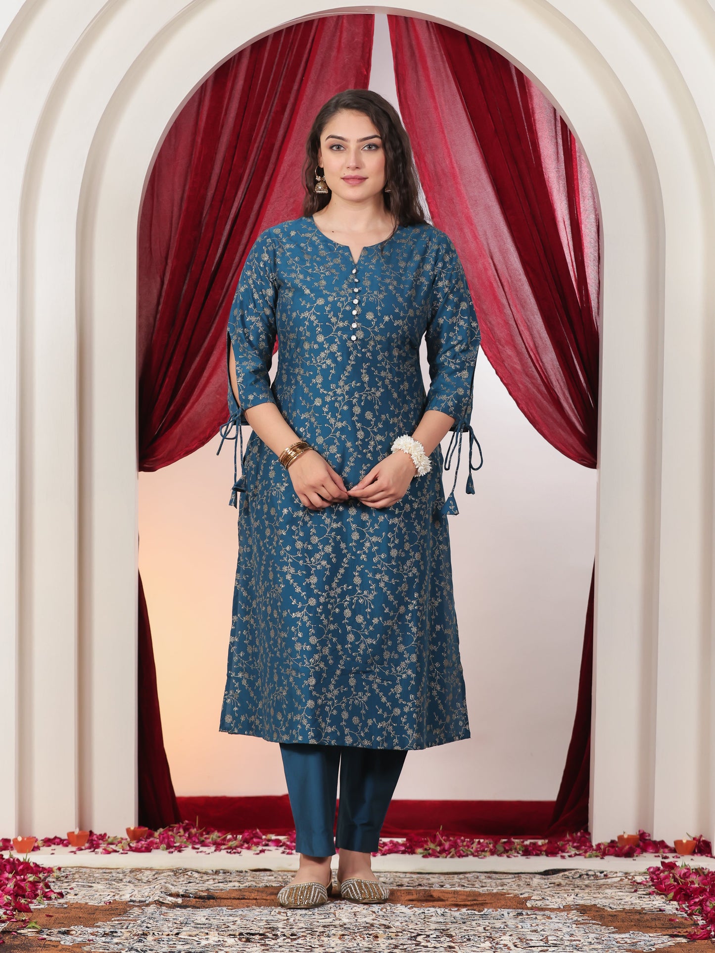 Poly Chanderi Gold foil A-line Blue Kurta
