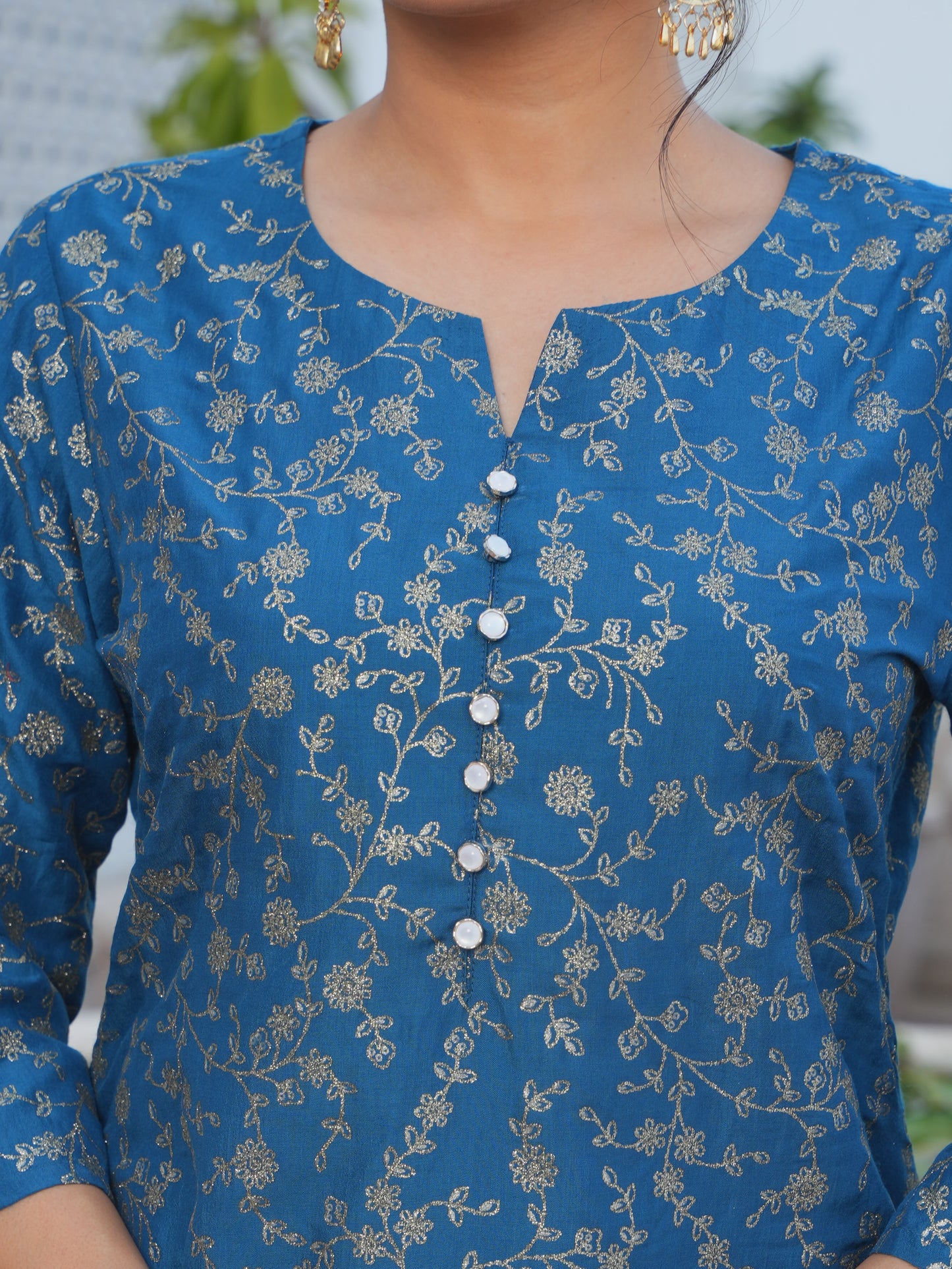Chanderi Gold foil A-line Blue Kurta