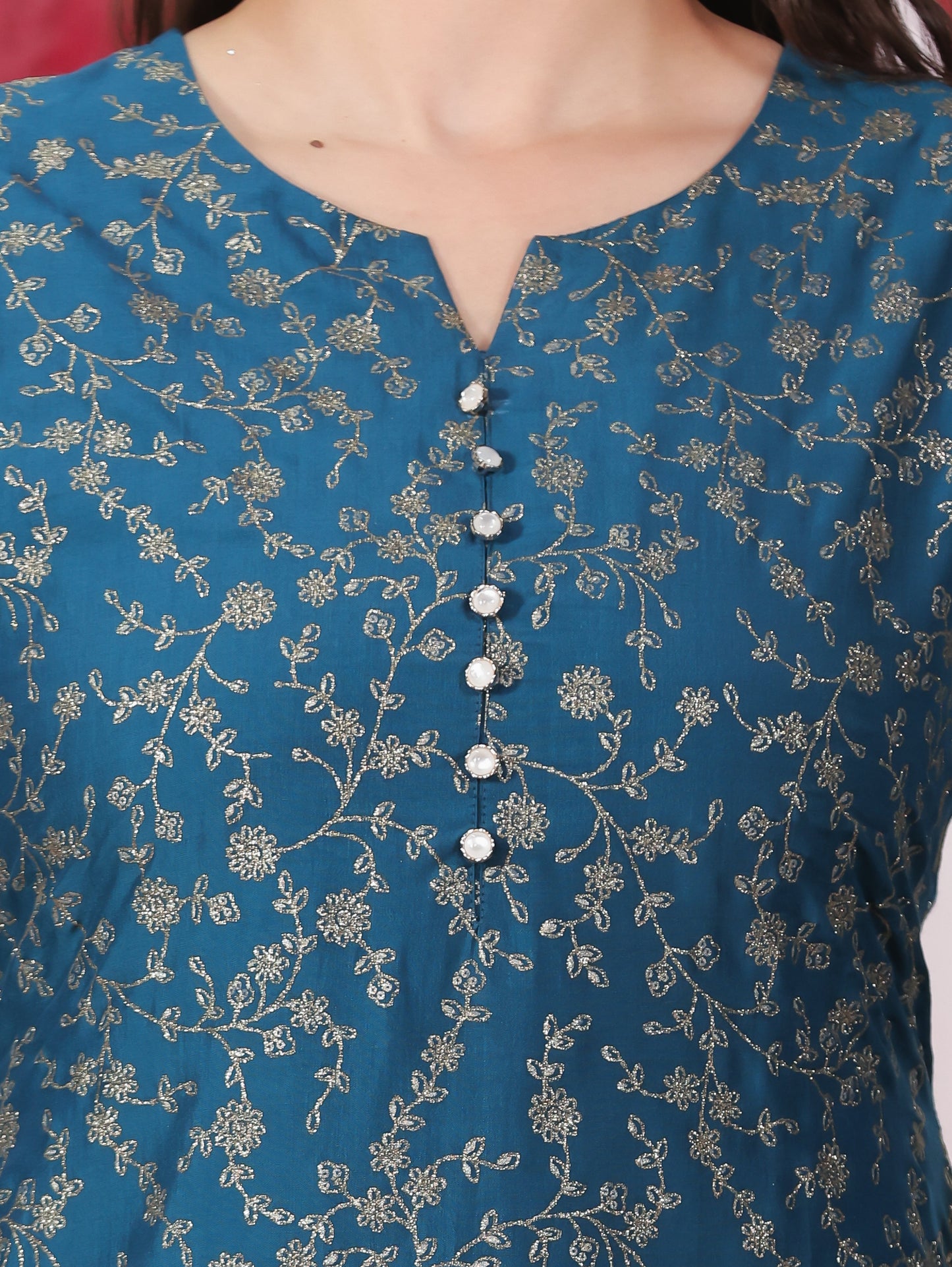 Poly Chanderi Gold foil A-line Blue Kurta