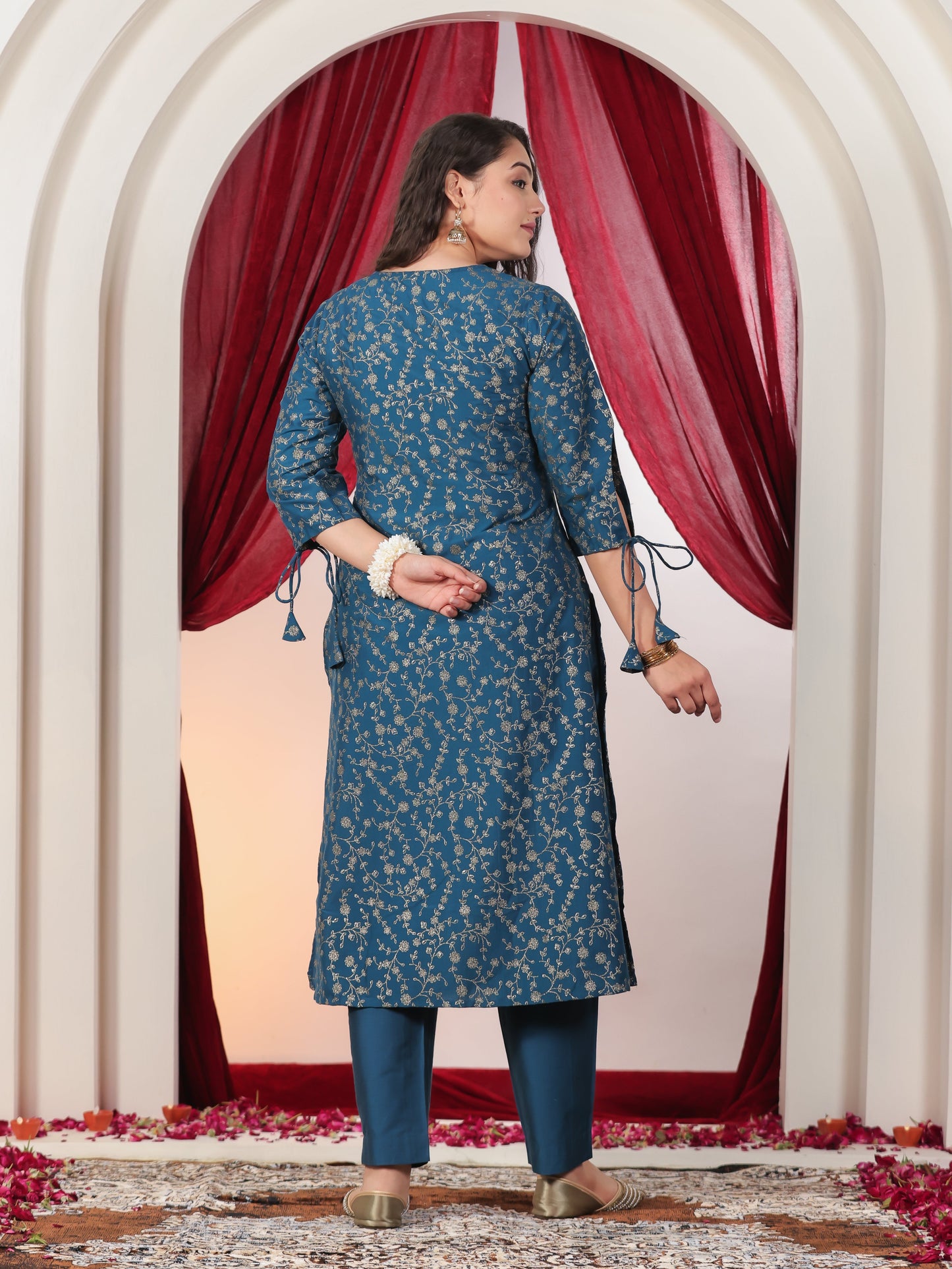 Poly Chanderi Gold foil A-line Blue Kurta
