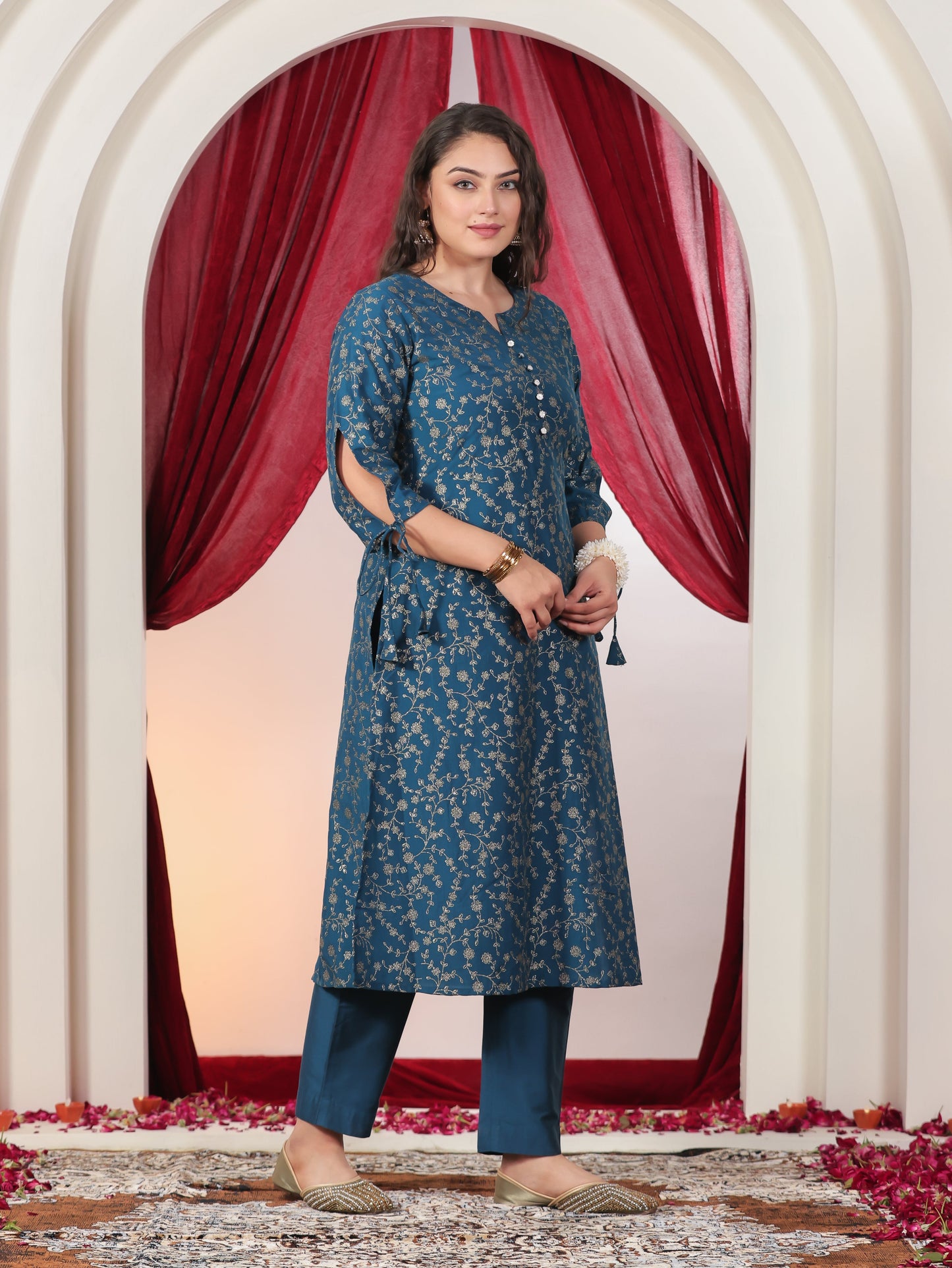 Poly Chanderi Gold foil A-line Blue Kurta