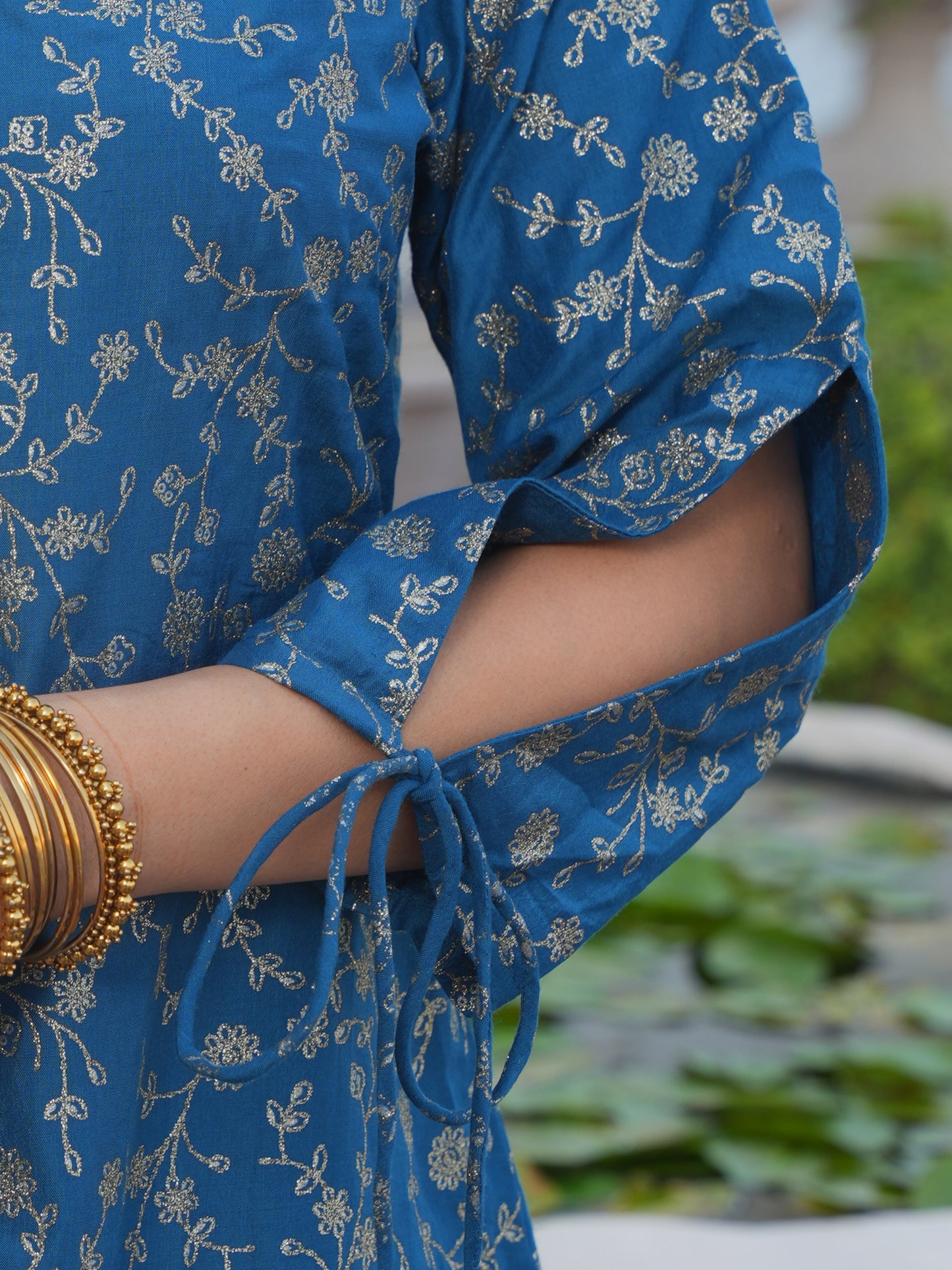 Chanderi Gold foil A-line Blue Kurta