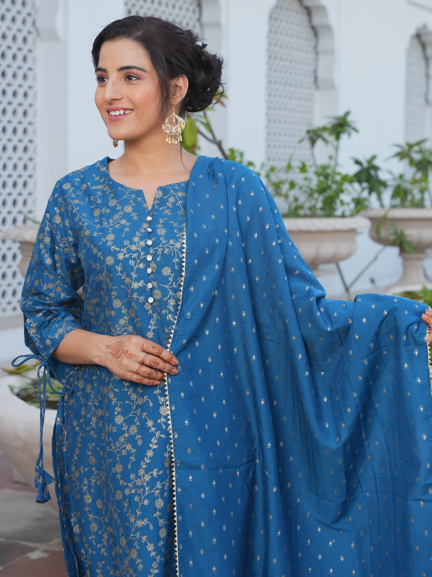 Chanderi Gold foil A-line Blue Kurta