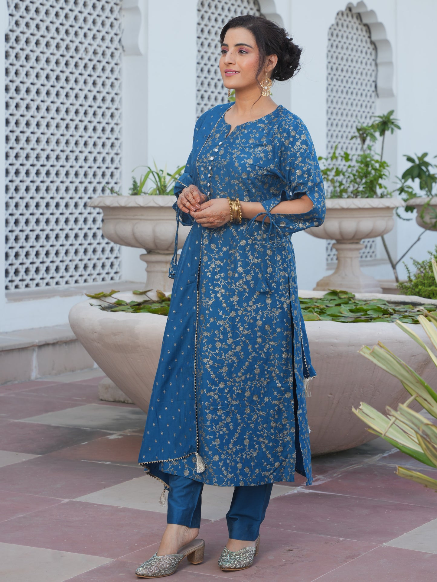 Chanderi Gold foil A-line Blue Kurta