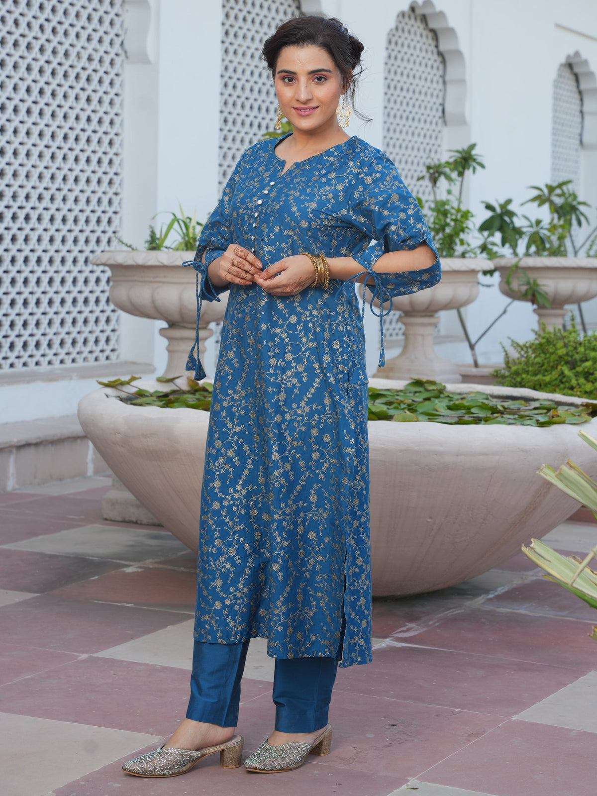Chanderi Gold foil A-line Blue Kurta