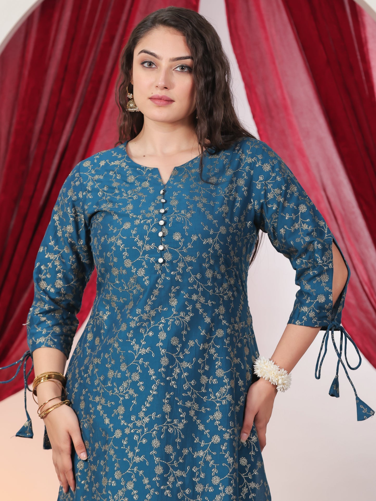 Poly Chanderi Gold foil A-line Blue Kurta